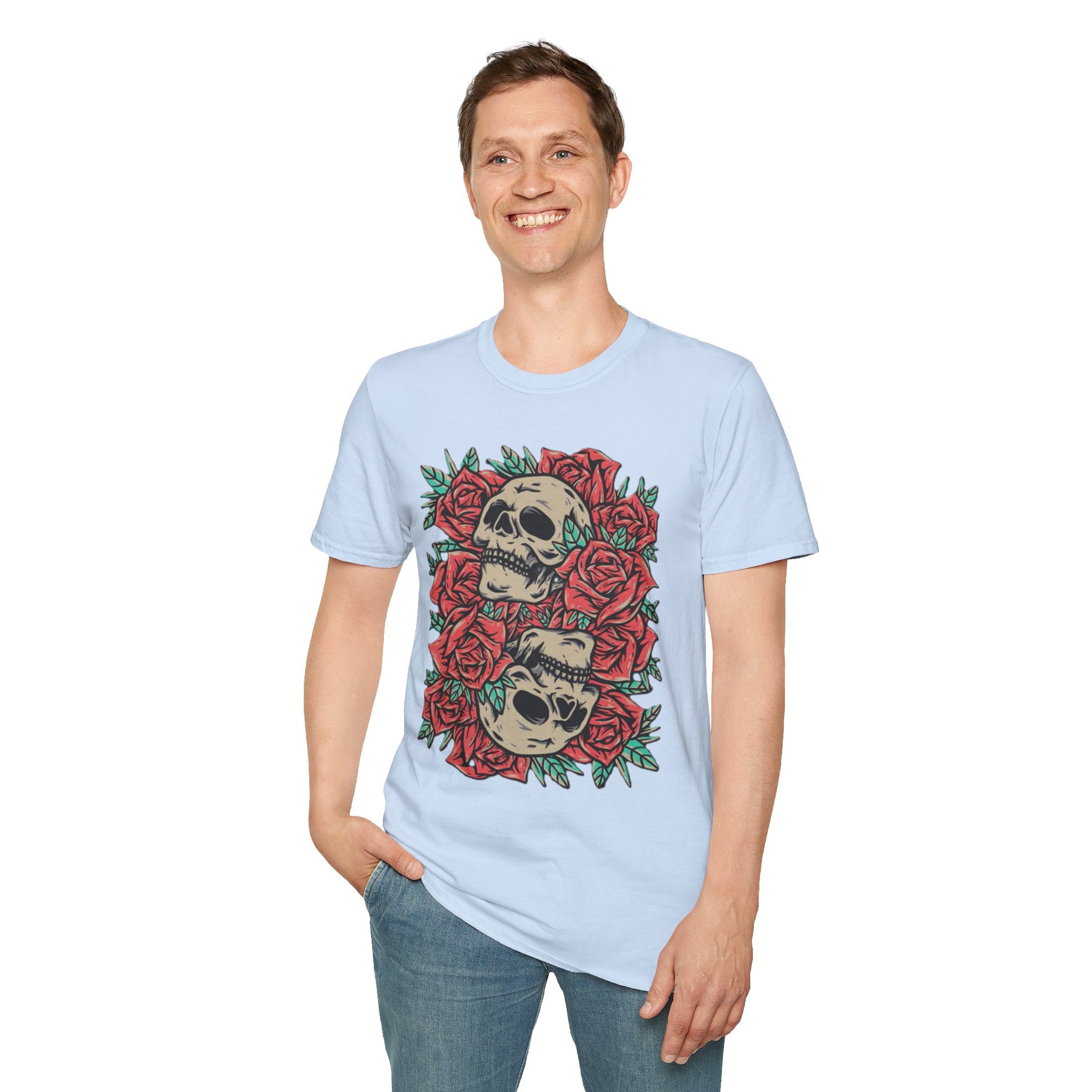 Skull & Roses Graphic T-Shirt | Edgy Casual Wear, Halloween Outfit, Gift for Friends, Festival Style, Unisex Shirt