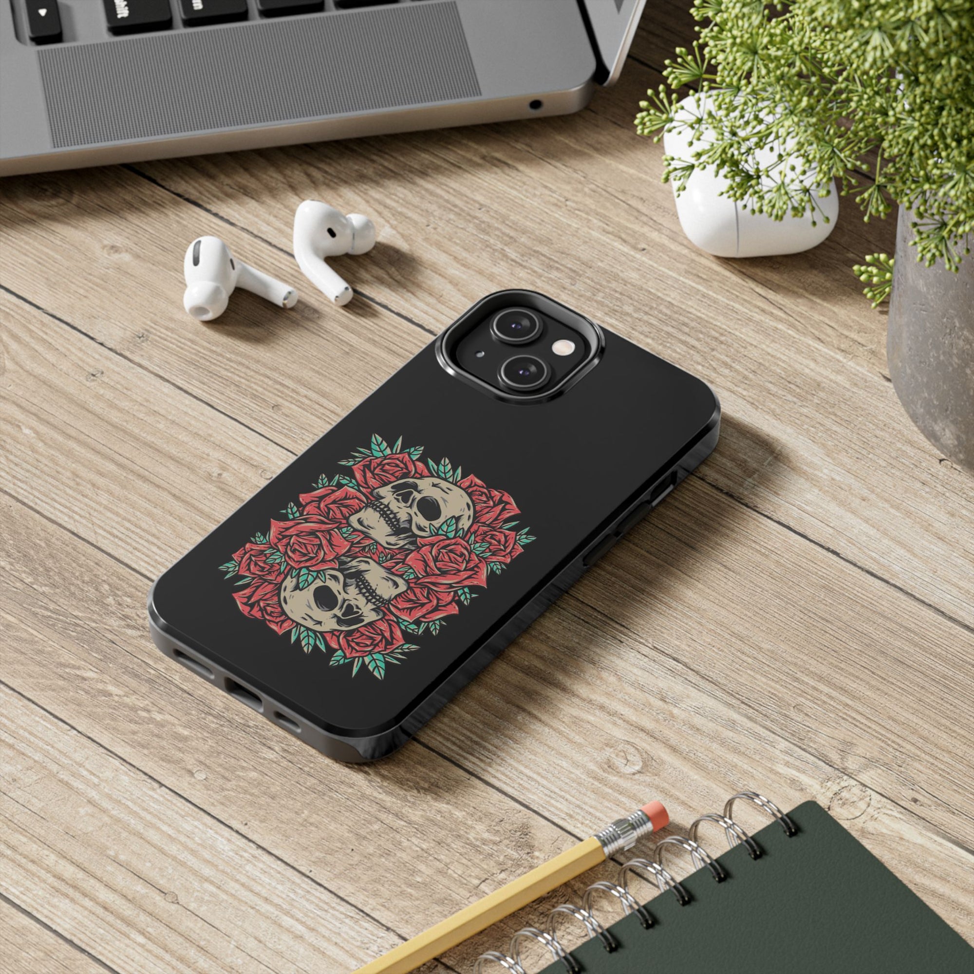 Stylish Skull & Roses Phone Case, Tough Phone Cover, Floral Skull Design, Unique Gift for her, Gothic Aesthetic Accessories