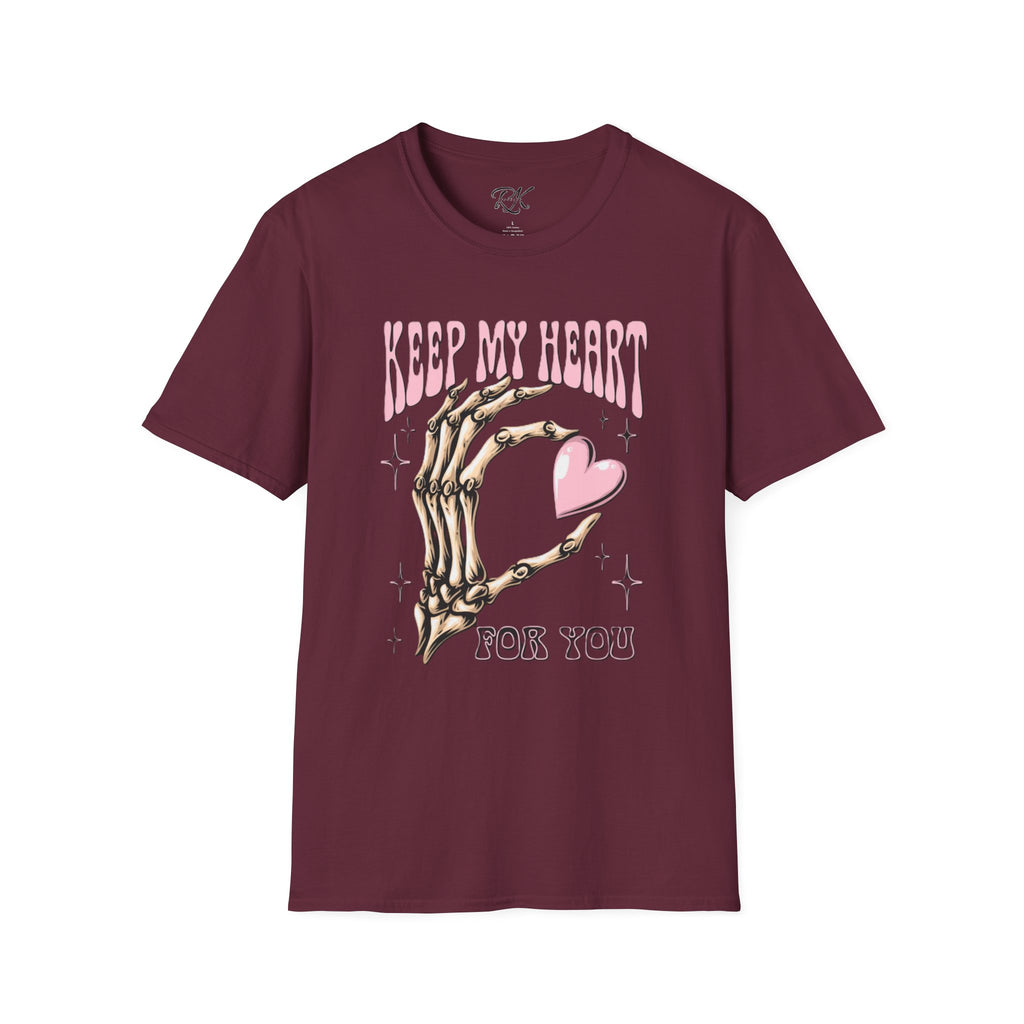 Keep My Heart Unisex Softstyle T-Shirt, Cute Graphic Tee, Valentine's Day Gift, Casual Style, Skeleton Design, Soft Cotton