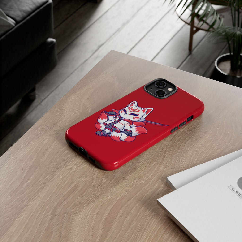 Anime-Inspired Tough Phone Case, Kawaii Fox Design, Gift for Gamers, Cute Phone Accessories, Red Phone Cover, Cosplay Merchandise