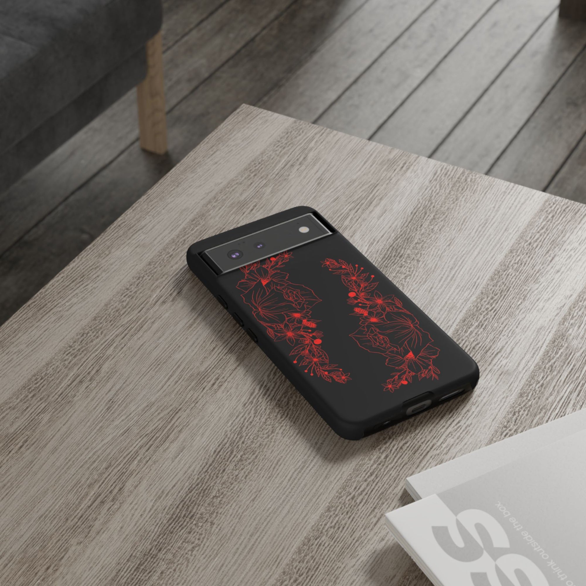 Stylish Floral Phone Case, Tough Phone Cover, Floral Design Case, Gift for Her, Black Phone Accessories