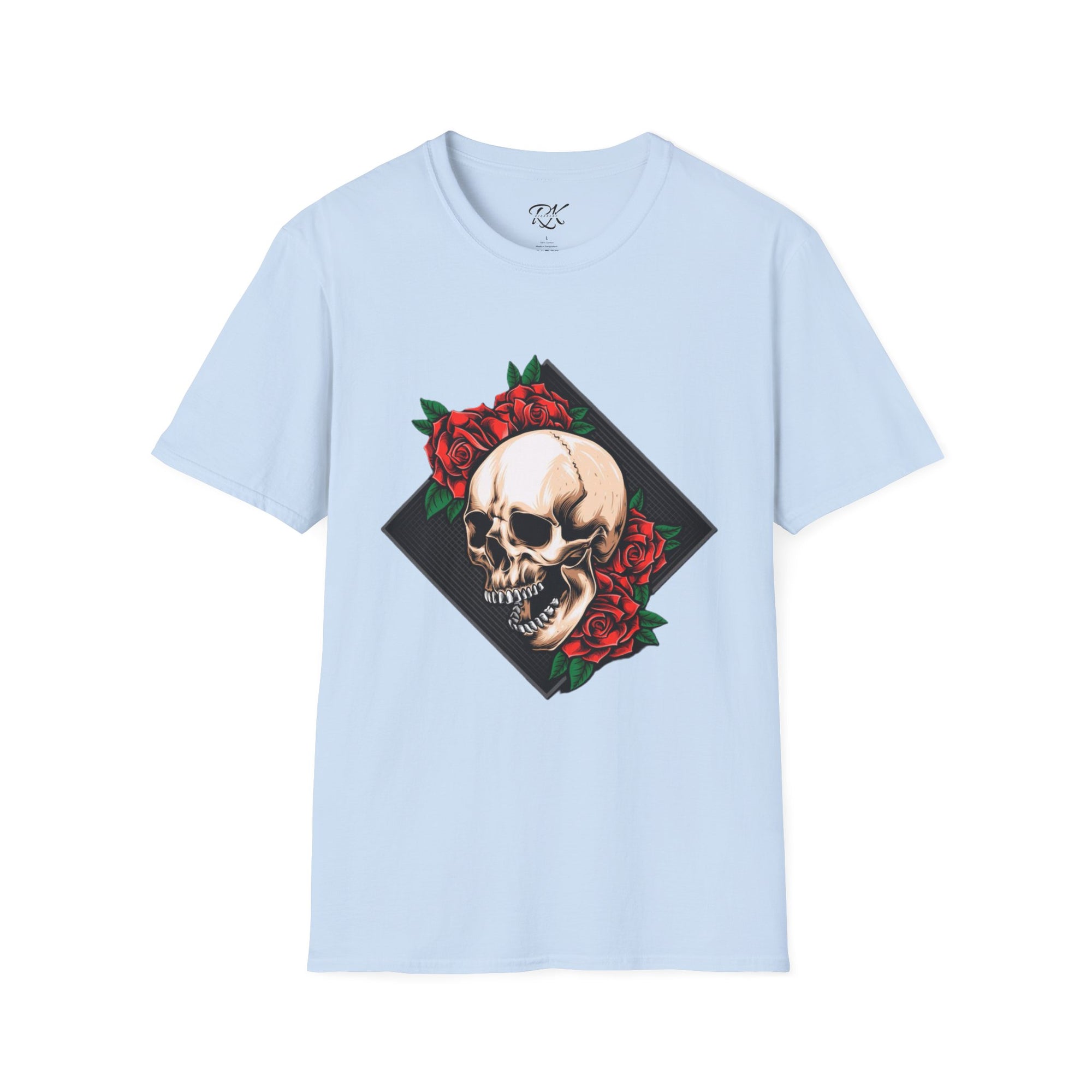 Skull and Roses T-Shirt | Edgy Unisex Softstyle Tee for Music Lovers, Halloween, Casual Wear, Gift Idea, Streetwear