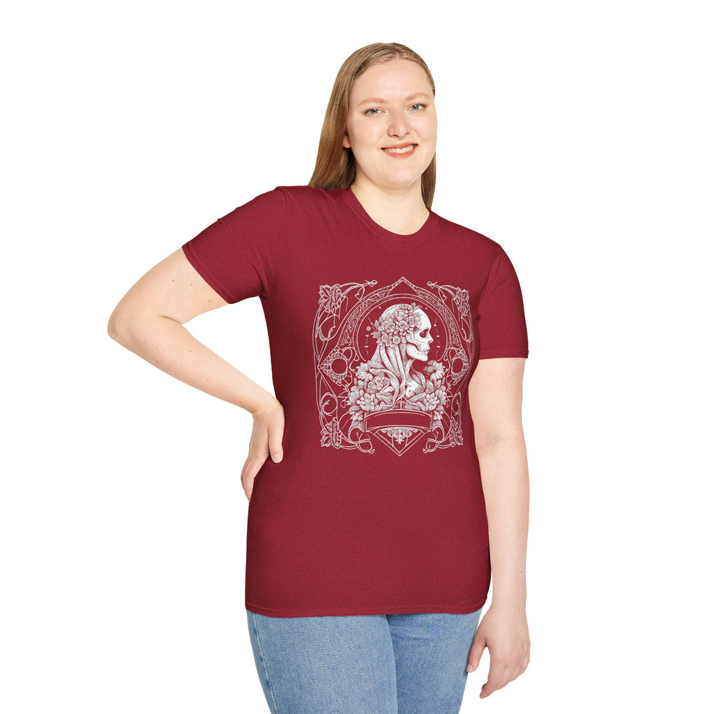 Gothic Floral Skull T-Shirt, Unisex Softstyle Tee, Halloween Apparel, Gothic Fashion, Unique Gift, Casual Wear