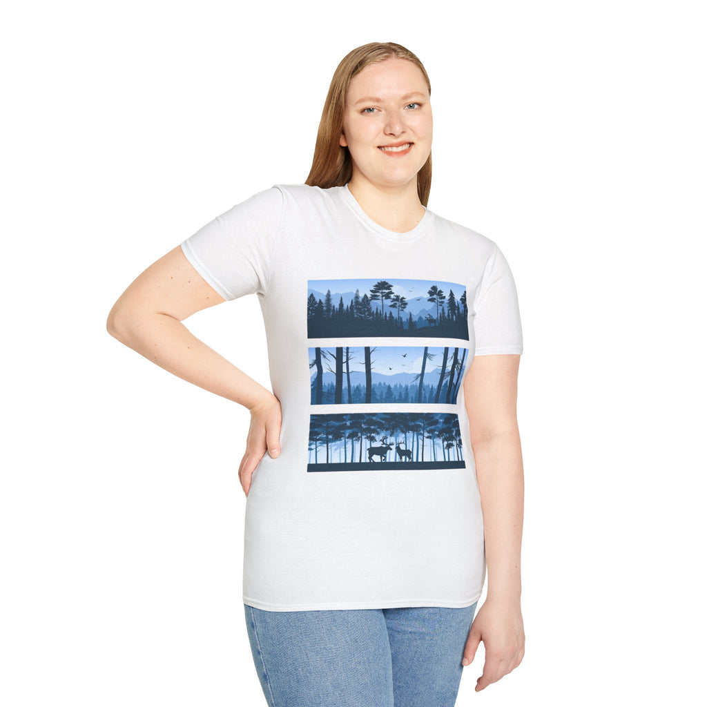 Mountain Landscape Unisex Softstyle T-Shirt | Nature Lover Gift, Outdoor Adventure Tee, Relaxed Fit, Casual Wear, Camping Shirt