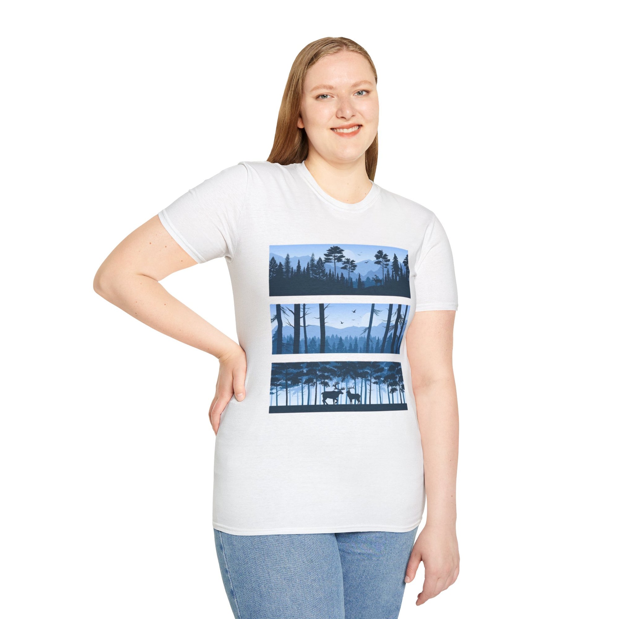 Mountain Landscape Unisex Softstyle T-Shirt | Nature Lover Gift, Outdoor Adventure Tee, Relaxed Fit, Casual Wear, Camping Shirt