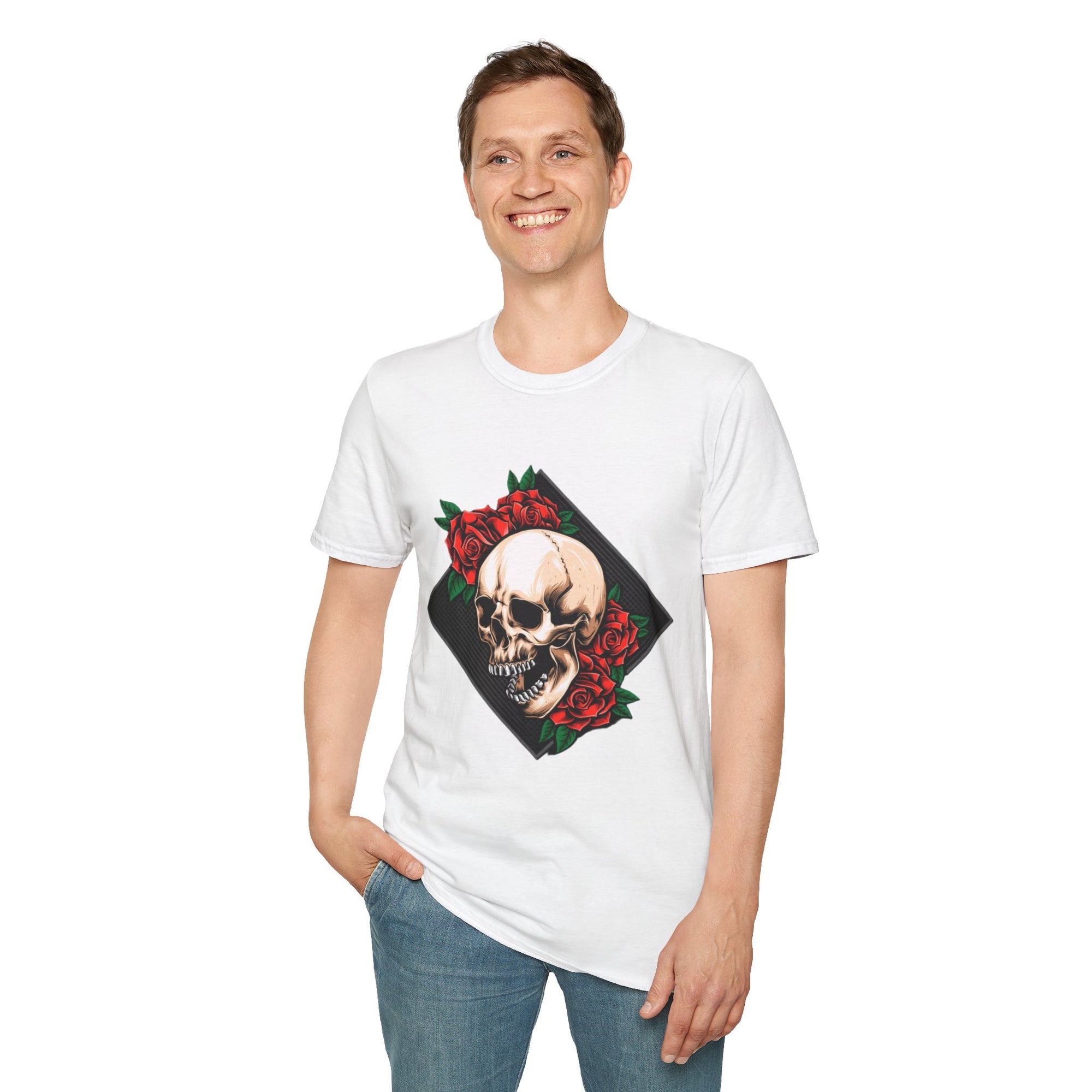Skull and Roses T-Shirt | Edgy Unisex Softstyle Tee for Music Lovers, Halloween, Casual Wear, Gift Idea, Streetwear