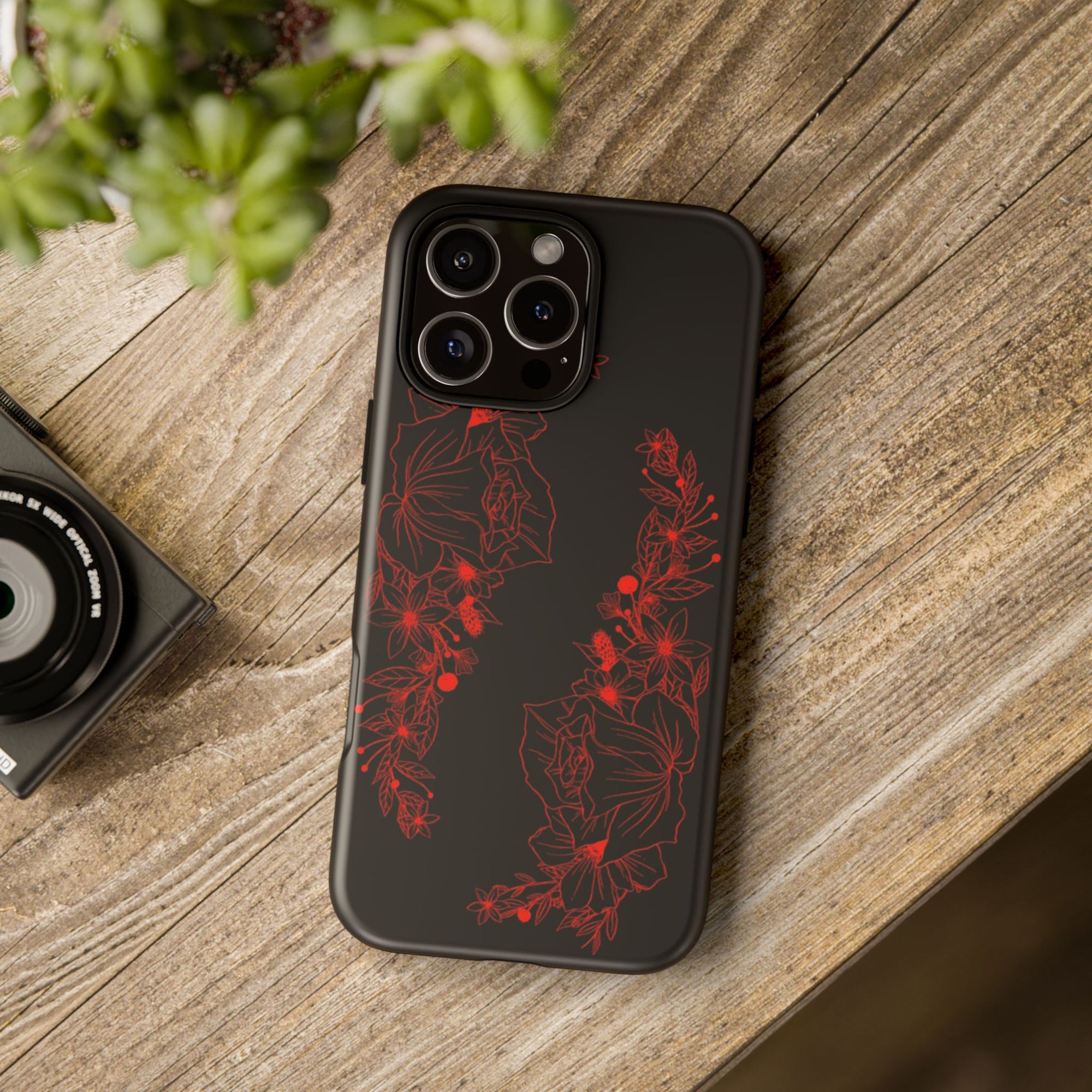 Stylish Floral Phone Case, Tough Phone Cover, Floral Design Case, Gift for Her, Black Phone Accessories