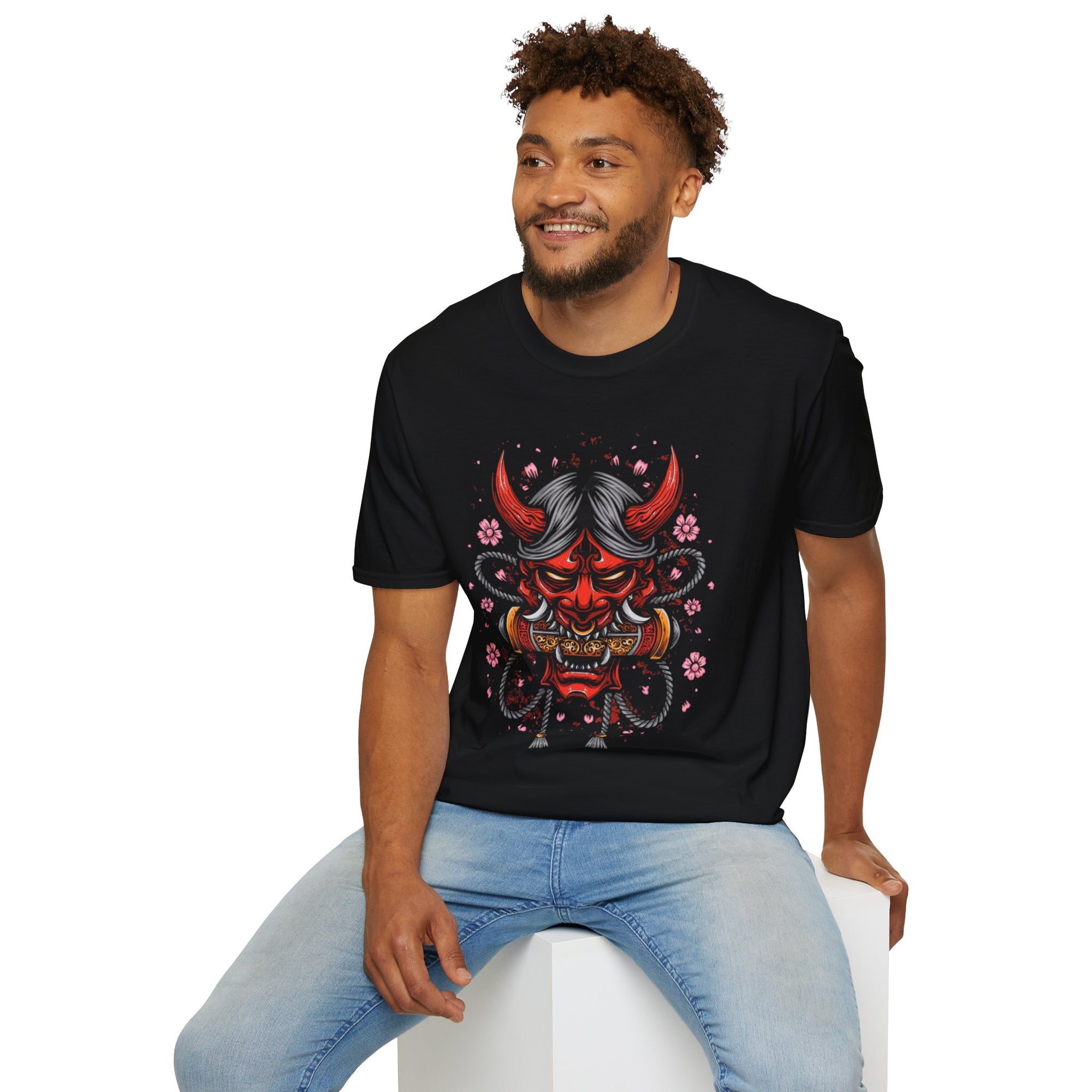 Bold Demon Graphic Unisex Softstyle T-Shirt | Streetwear Tee, Casual Wear, Unique Gift, Anime Lover Apparel, Festival Clothing