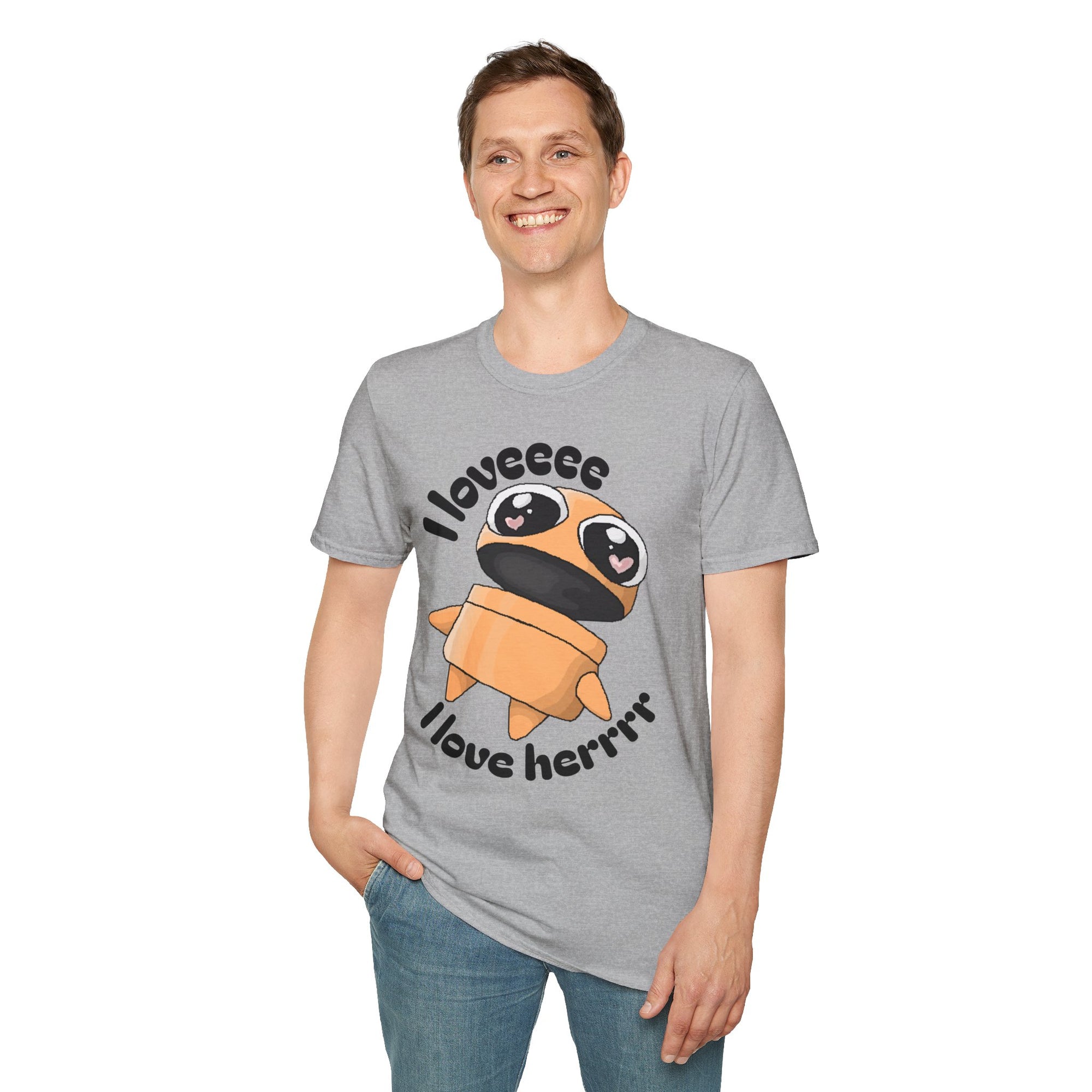 I love Herrrrr Cute Cartoon Love T-Shirt, Unisex Softstyle Tee, Perfect for Gifts, Casual Wear, Valentine's Day, Cute Character Apparel