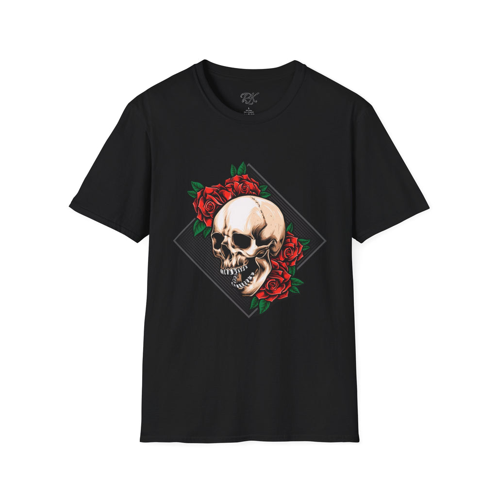 Skull and Roses T-Shirt | Edgy Unisex Softstyle Tee for Music Lovers, Halloween, Casual Wear, Gift Idea, Streetwear