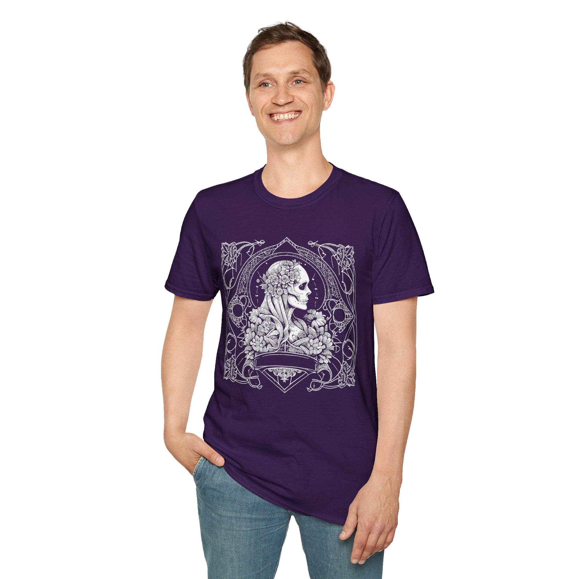 Gothic Floral Skull T-Shirt, Unisex Softstyle Tee, Halloween Apparel, Gothic Fashion, Unique Gift, Casual Wear