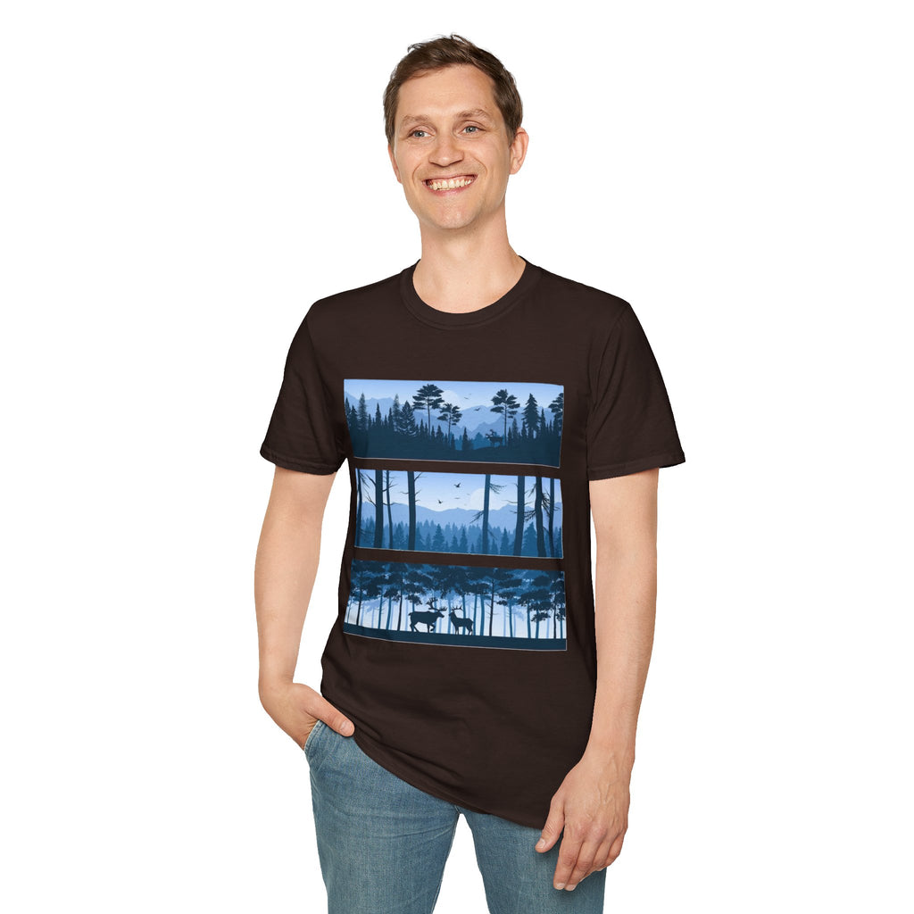 Mountain Landscape Unisex Softstyle T-Shirt | Nature Lover Gift, Outdoor Adventure Tee, Relaxed Fit, Casual Wear, Camping Shirt