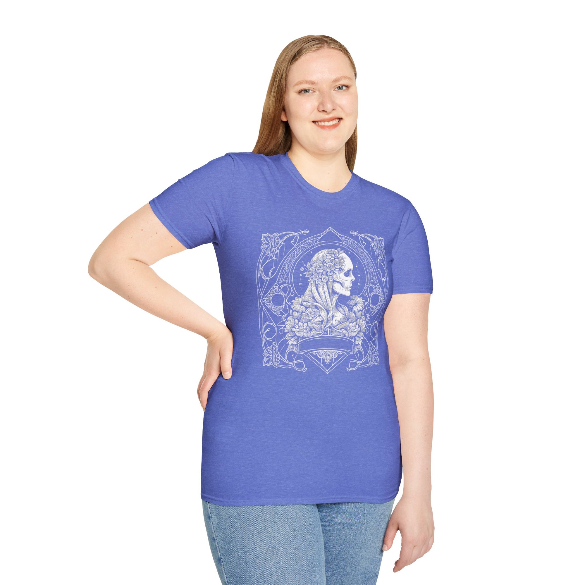Gothic Floral Skull T-Shirt, Unisex Softstyle Tee, Halloween Apparel, Gothic Fashion, Unique Gift, Casual Wear