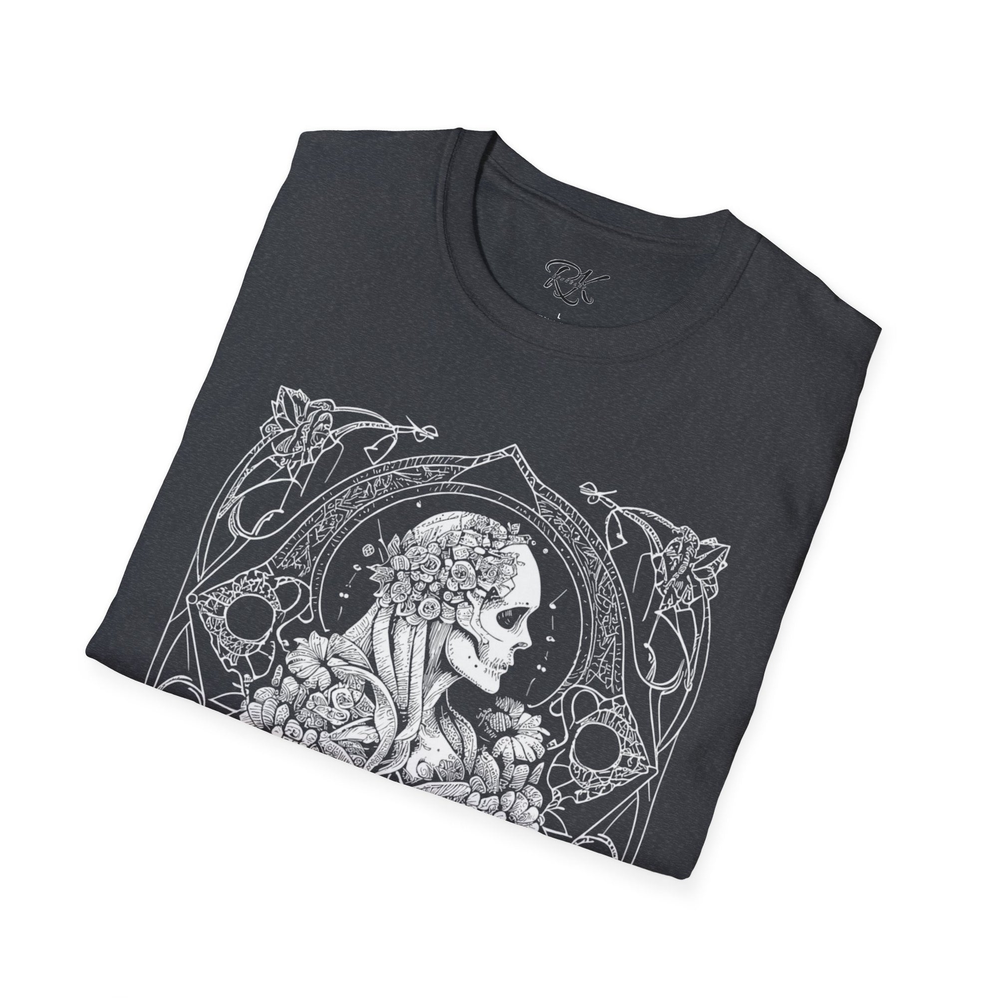 Gothic Floral Skull T-Shirt, Unisex Softstyle Tee, Halloween Apparel, Gothic Fashion, Unique Gift, Casual Wear