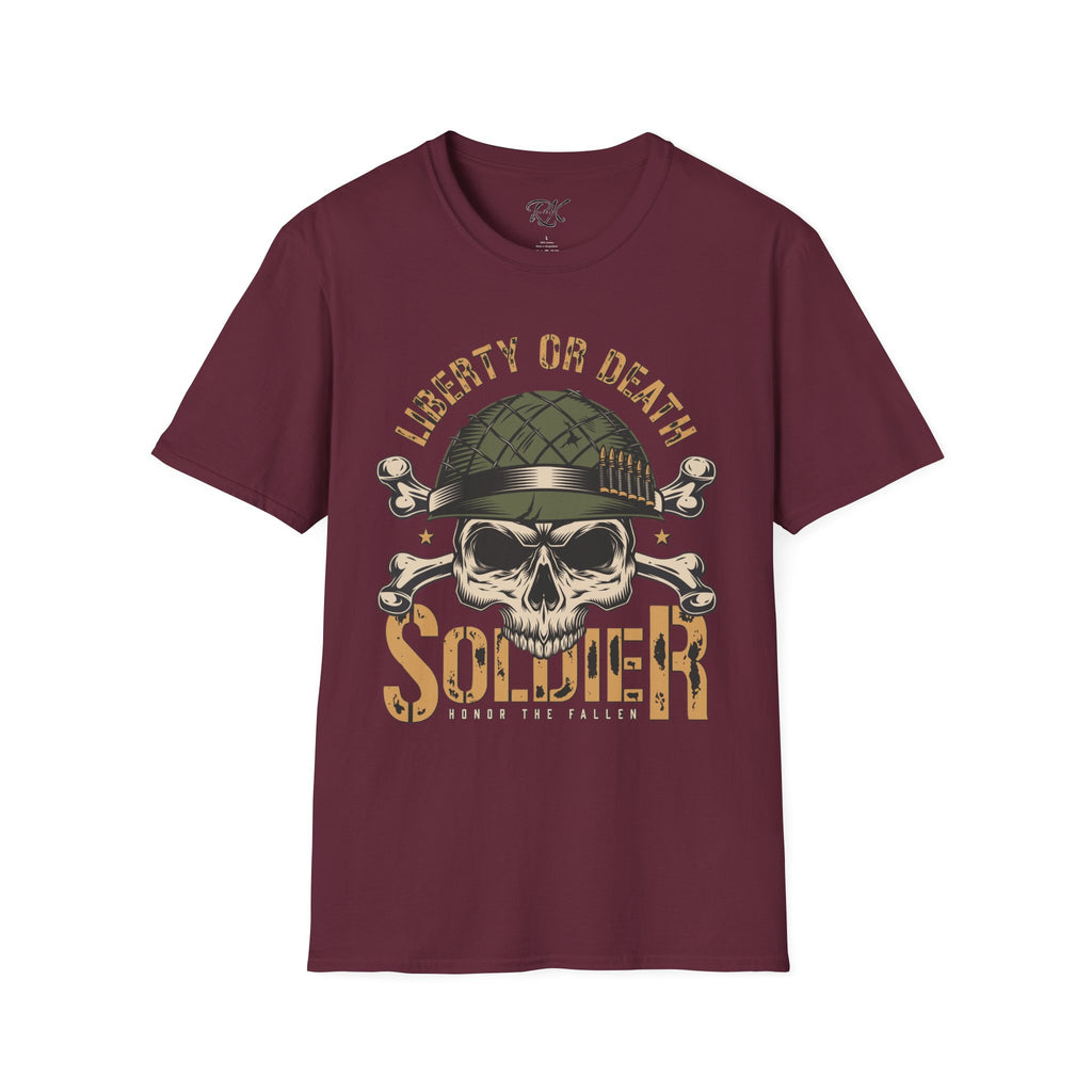 Liberty or Death Skull Soldier T-Shirt, Military Apparel, Unisex Graphic Tee, Veteran Gift, Casual Wear, Outdoor Adventure