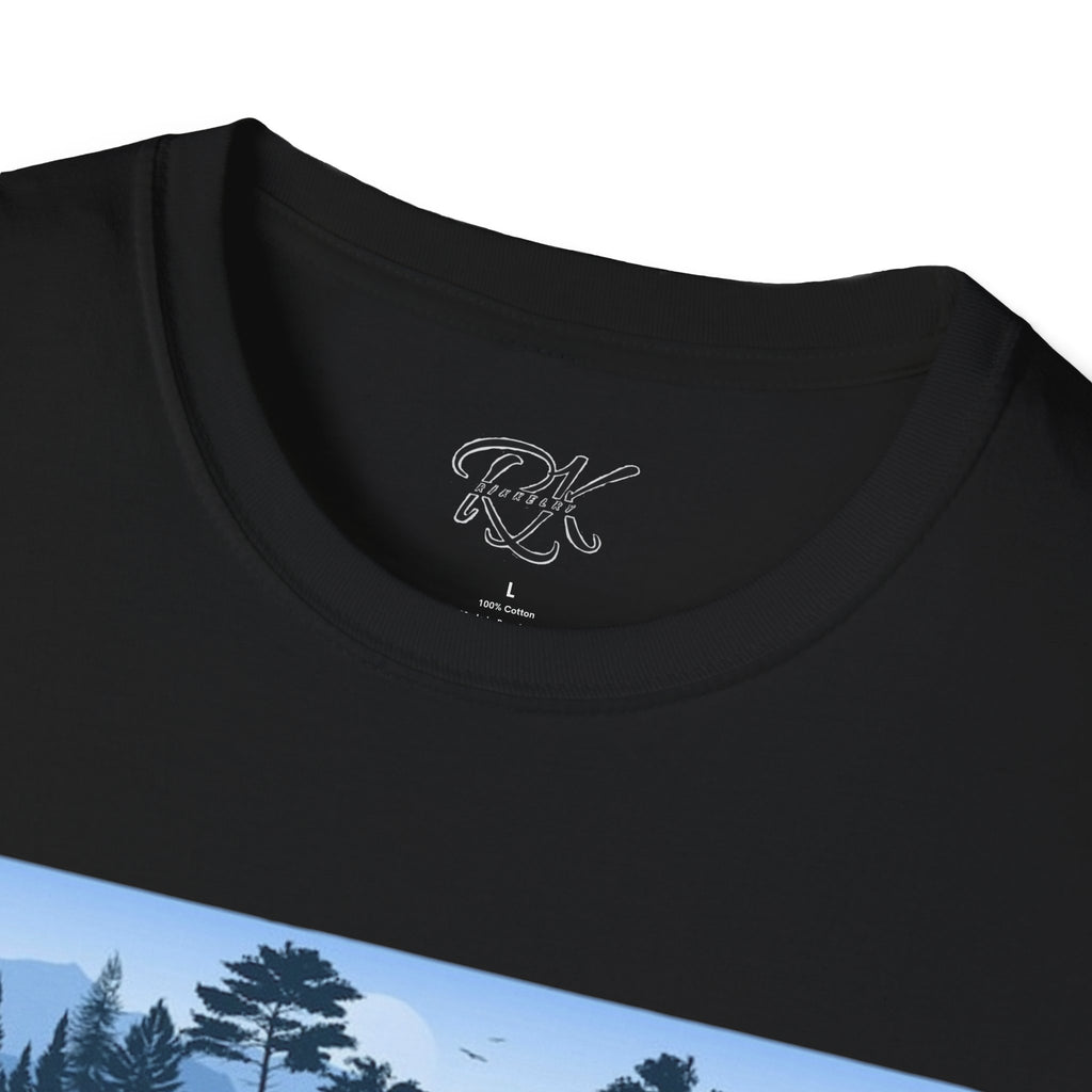 Mountain Landscape Unisex Softstyle T-Shirt | Nature Lover Gift, Outdoor Adventure Tee, Relaxed Fit, Casual Wear, Camping Shirt