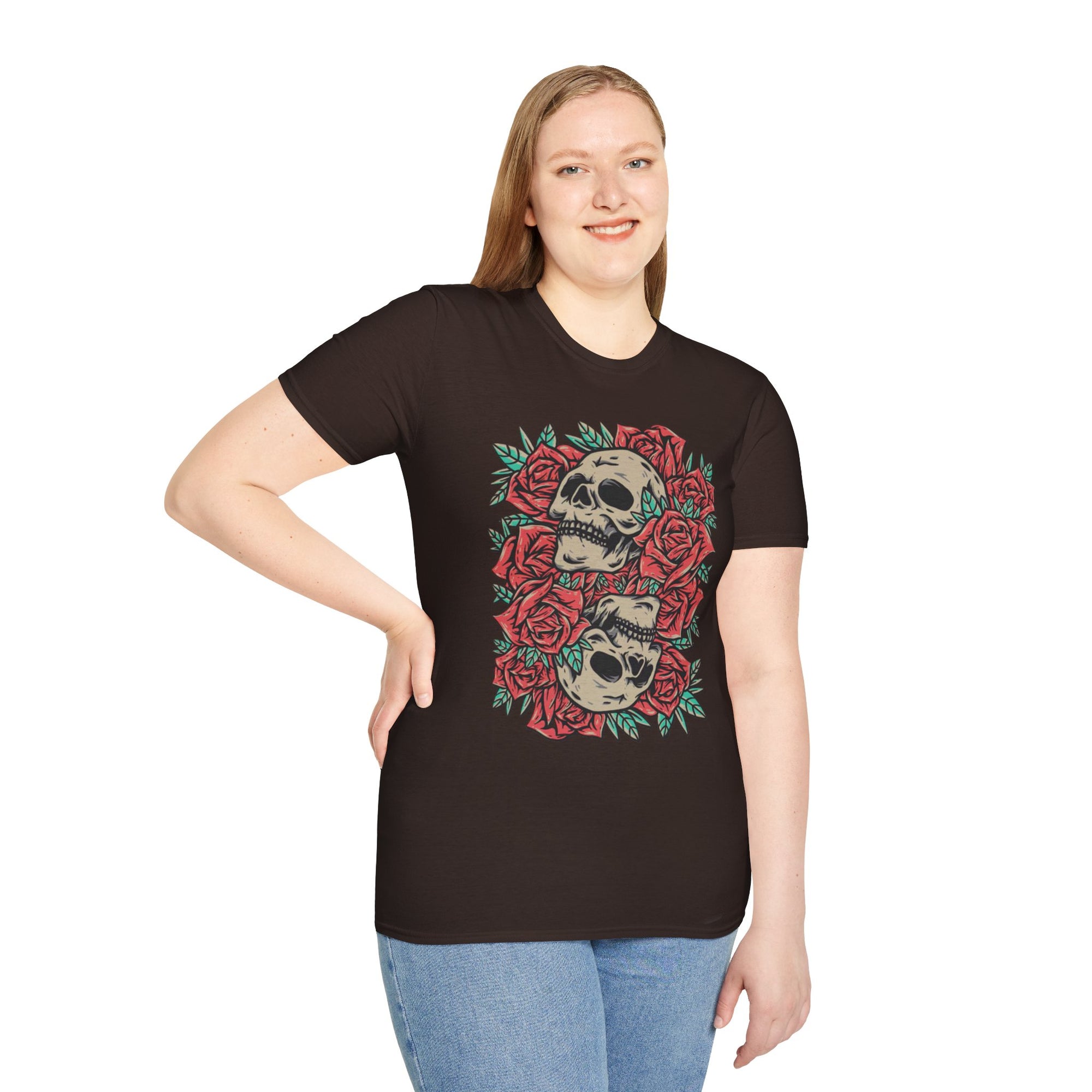 Skull & Roses Graphic T-Shirt | Edgy Casual Wear, Halloween Outfit, Gift for Friends, Festival Style, Unisex Shirt
