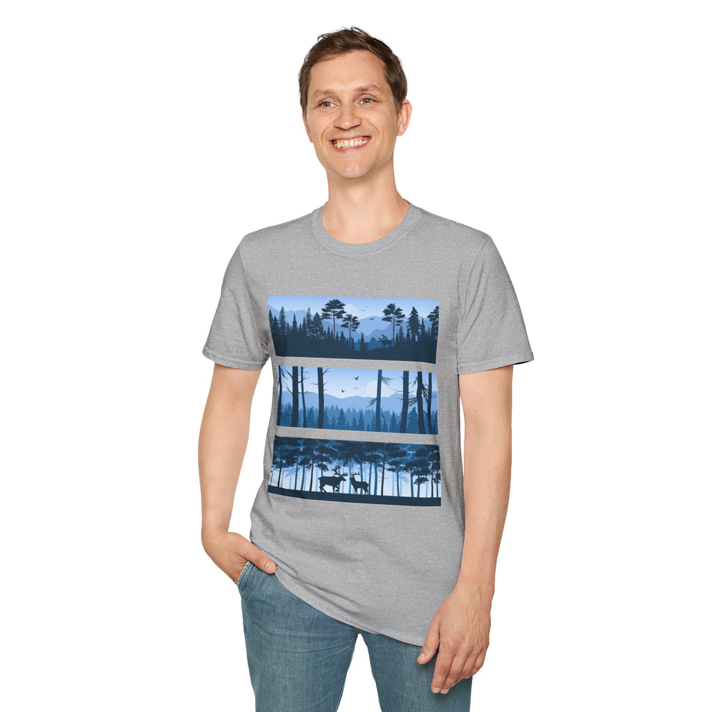 Mountain Landscape Unisex Softstyle T-Shirt | Nature Lover Gift, Outdoor Adventure Tee, Relaxed Fit, Casual Wear, Camping Shirt