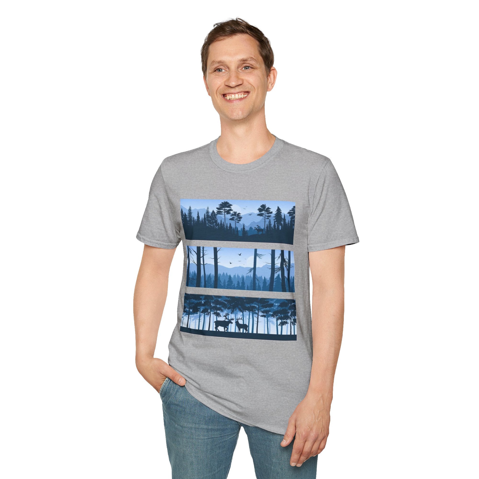 Mountain Landscape Unisex Softstyle T-Shirt | Nature Lover Gift, Outdoor Adventure Tee, Relaxed Fit, Casual Wear, Camping Shirt