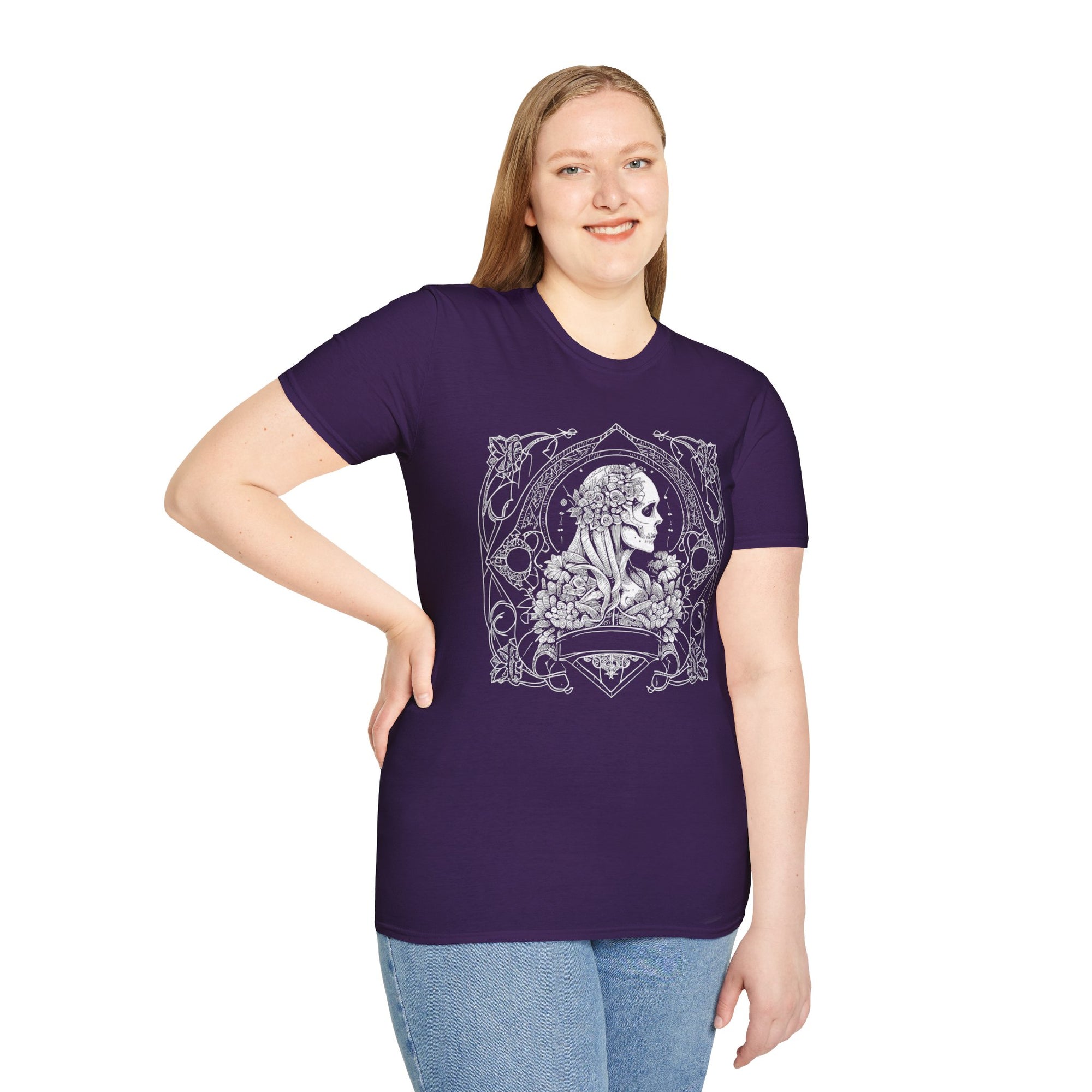 Gothic Floral Skull T-Shirt, Unisex Softstyle Tee, Halloween Apparel, Gothic Fashion, Unique Gift, Casual Wear