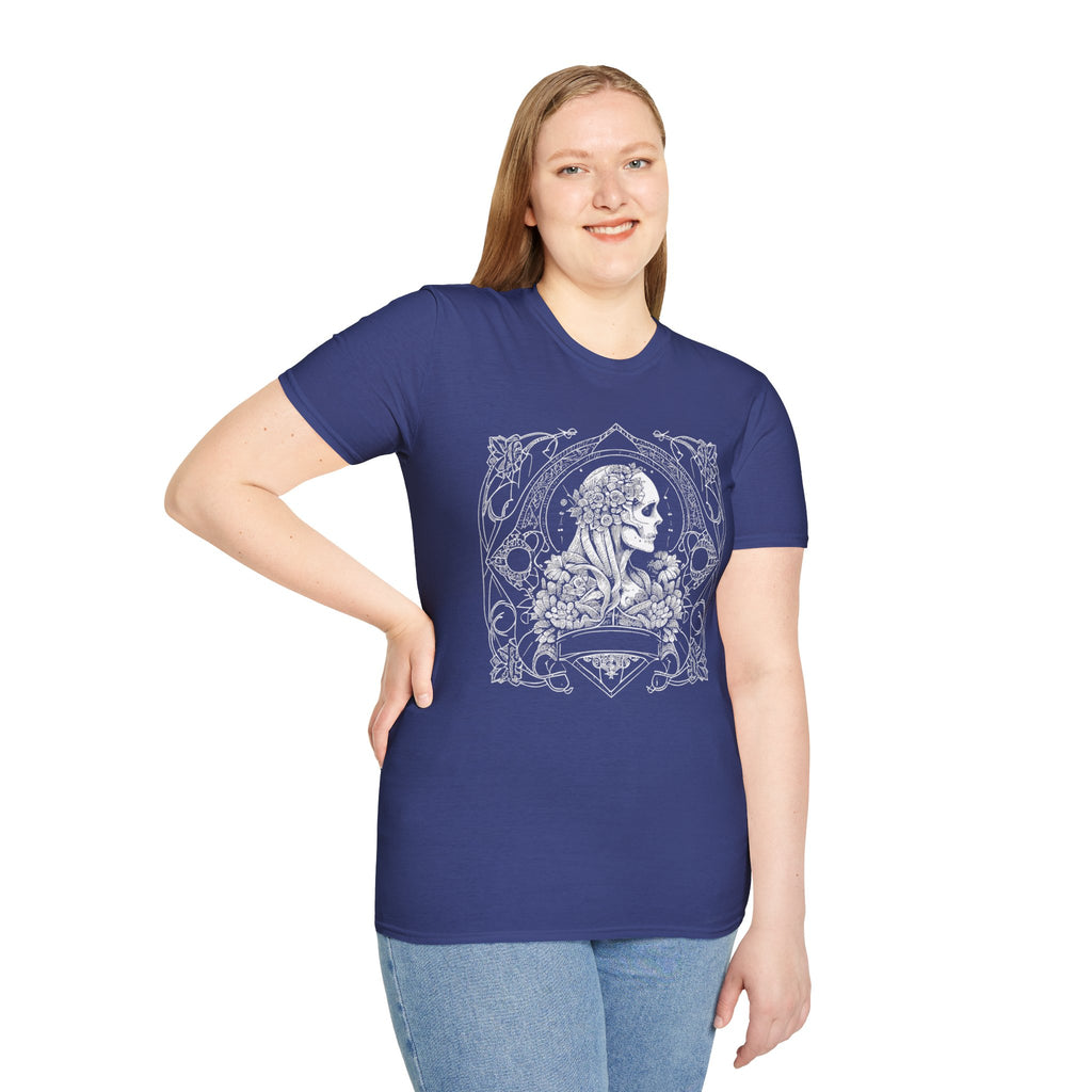 Gothic Floral Skull T-Shirt, Unisex Softstyle Tee, Halloween Apparel, Gothic Fashion, Unique Gift, Casual Wear