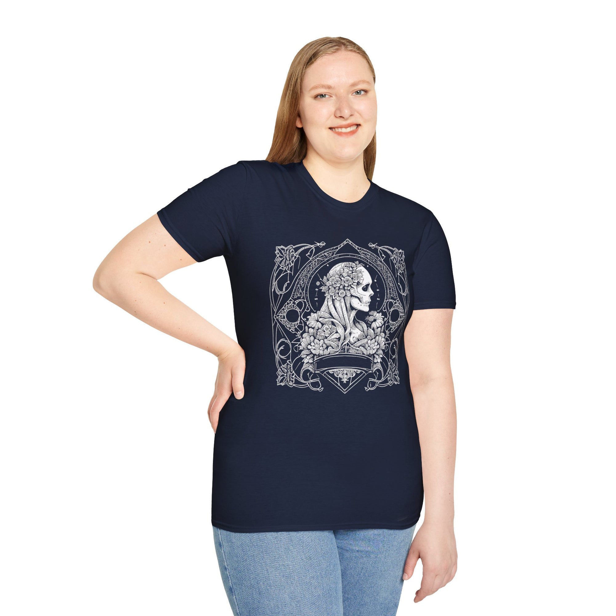 Gothic Floral Skull T-Shirt, Unisex Softstyle Tee, Halloween Apparel, Gothic Fashion, Unique Gift, Casual Wear