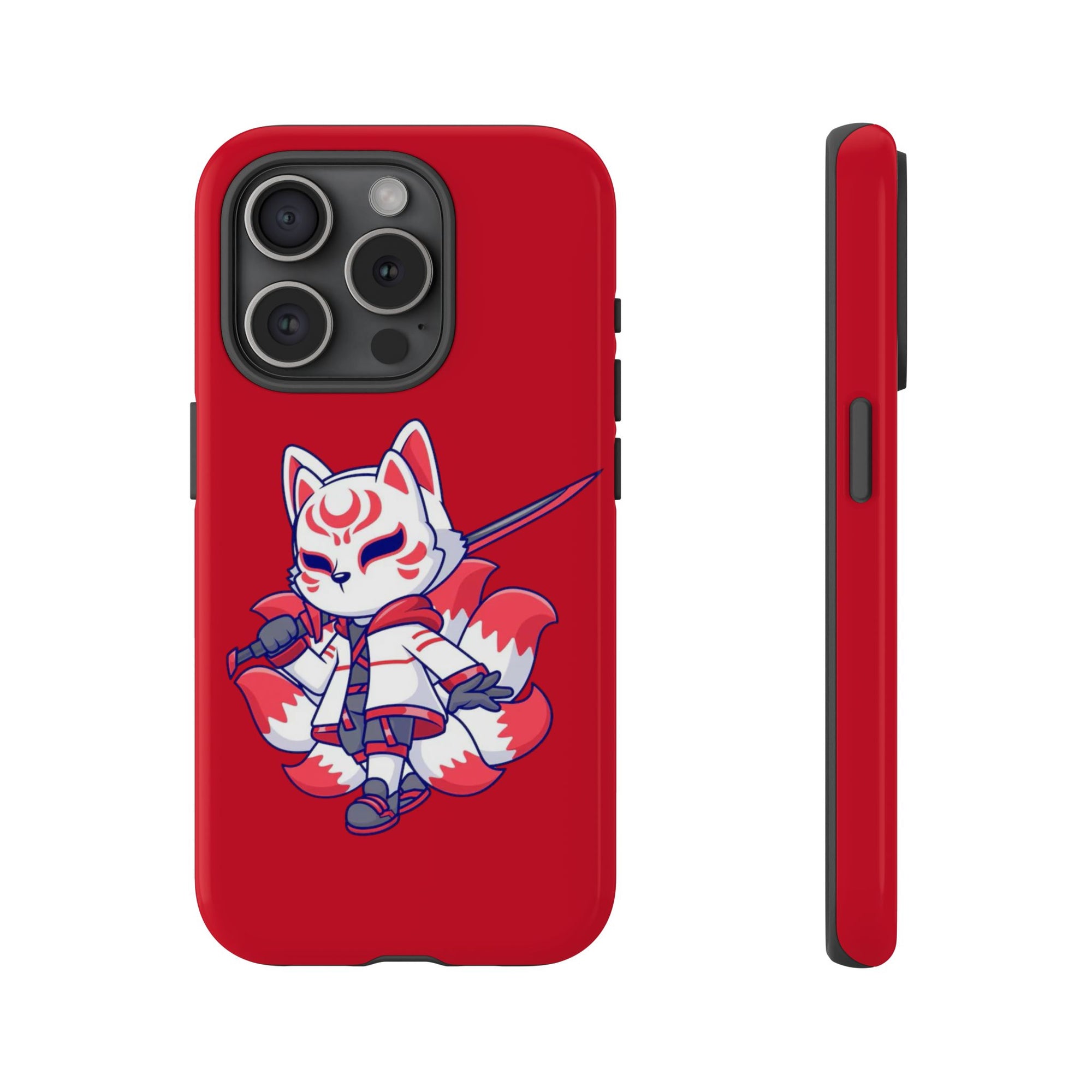 Anime-Inspired Tough Phone Case, Kawaii Fox Design, Gift for Gamers, Cute Phone Accessories, Red Phone Cover, Cosplay Merchandise