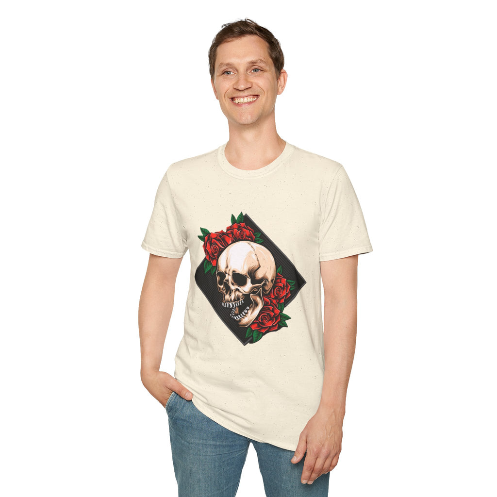 Skull and Roses T-Shirt | Edgy Unisex Softstyle Tee for Music Lovers, Halloween, Casual Wear, Gift Idea, Streetwear