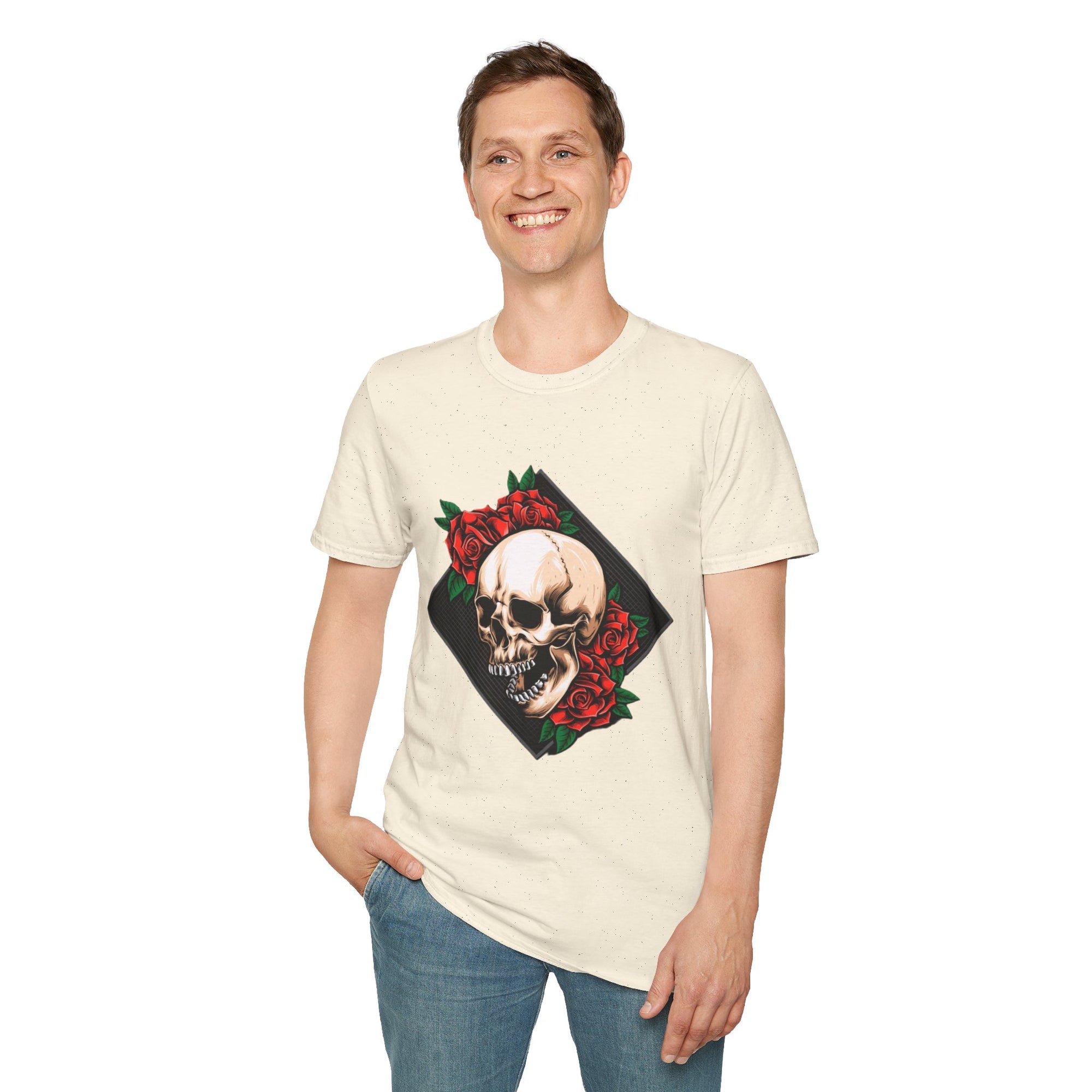 Skull and Roses T-Shirt | Edgy Unisex Softstyle Tee for Music Lovers, Halloween, Casual Wear, Gift Idea, Streetwear