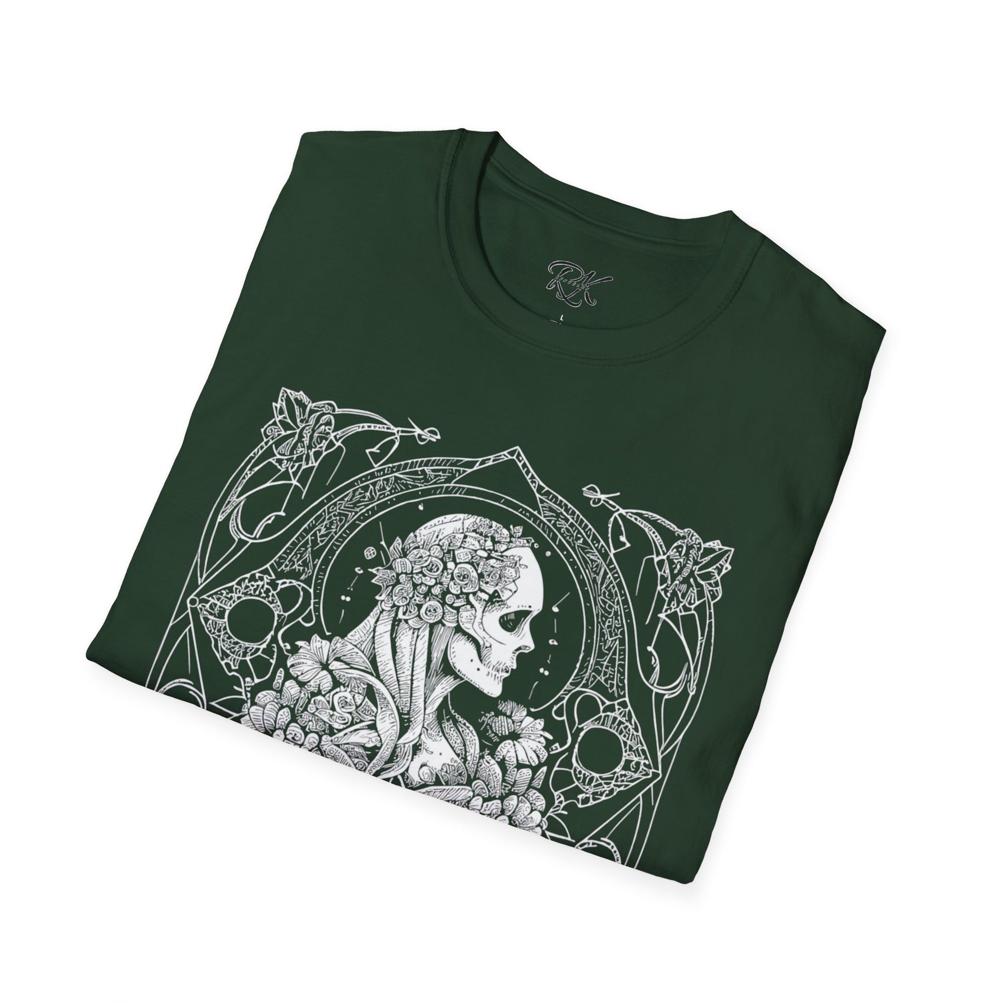 Gothic Floral Skull T-Shirt, Unisex Softstyle Tee, Halloween Apparel, Gothic Fashion, Unique Gift, Casual Wear