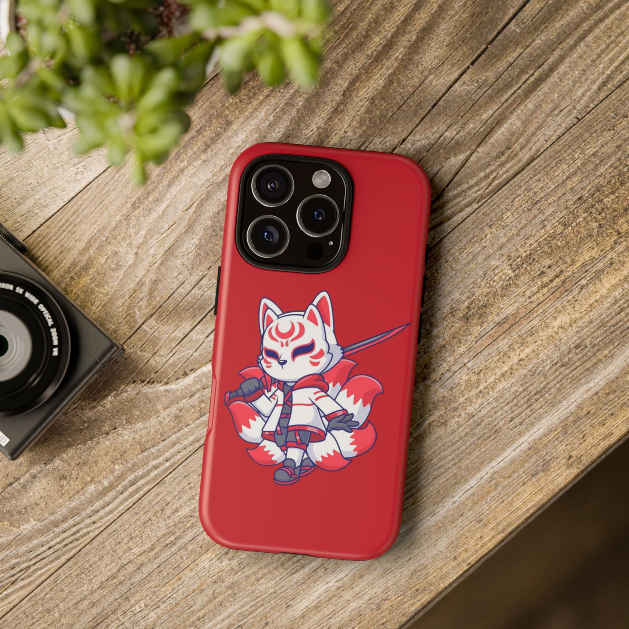 Anime-Inspired Tough Phone Case, Kawaii Fox Design, Gift for Gamers, Cute Phone Accessories, Red Phone Cover, Cosplay Merchandise
