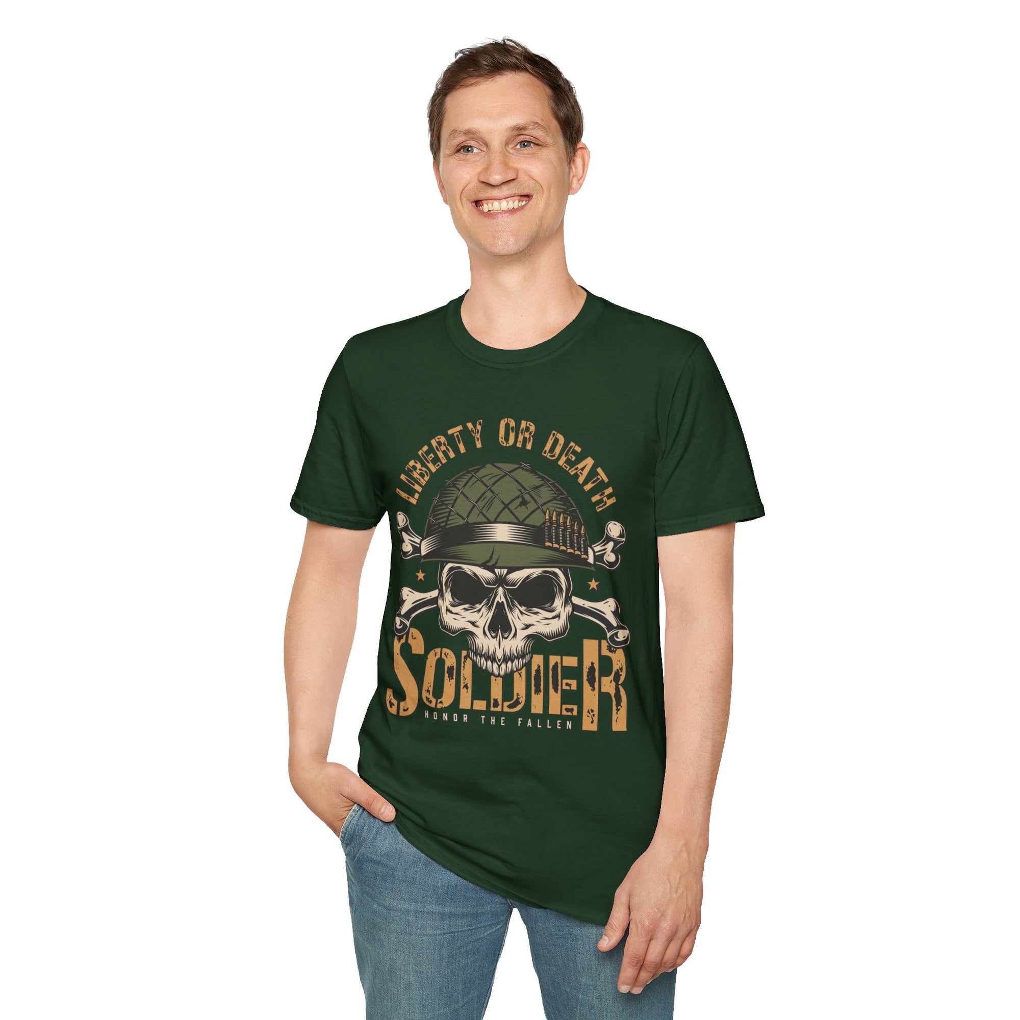 Liberty or Death Skull Soldier T-Shirt, Military Apparel, Unisex Graphic Tee, Veteran Gift, Casual Wear, Outdoor Adventure