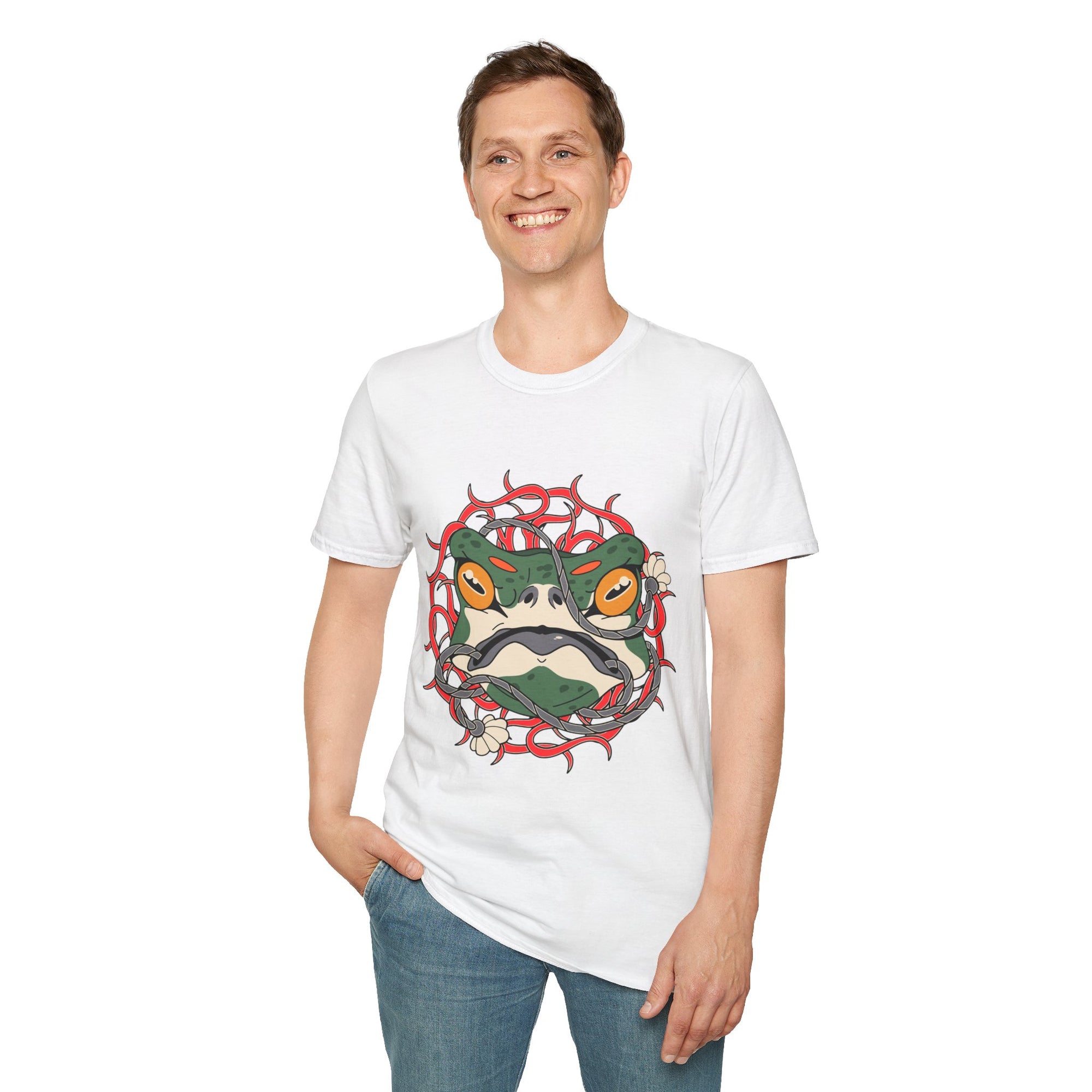 Frog Art Unisex Softstyle T-Shirt | Unique Graphic Tee, Casual Wear, Gift for Nature Lovers, Birthday, Eco-Friendly Fashion