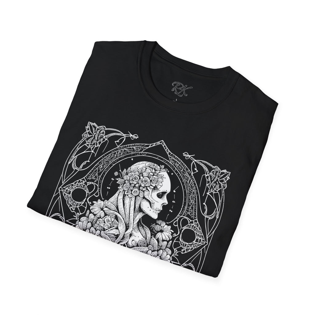 Gothic Floral Skull T-Shirt, Unisex Softstyle Tee, Halloween Apparel, Gothic Fashion, Unique Gift, Casual Wear