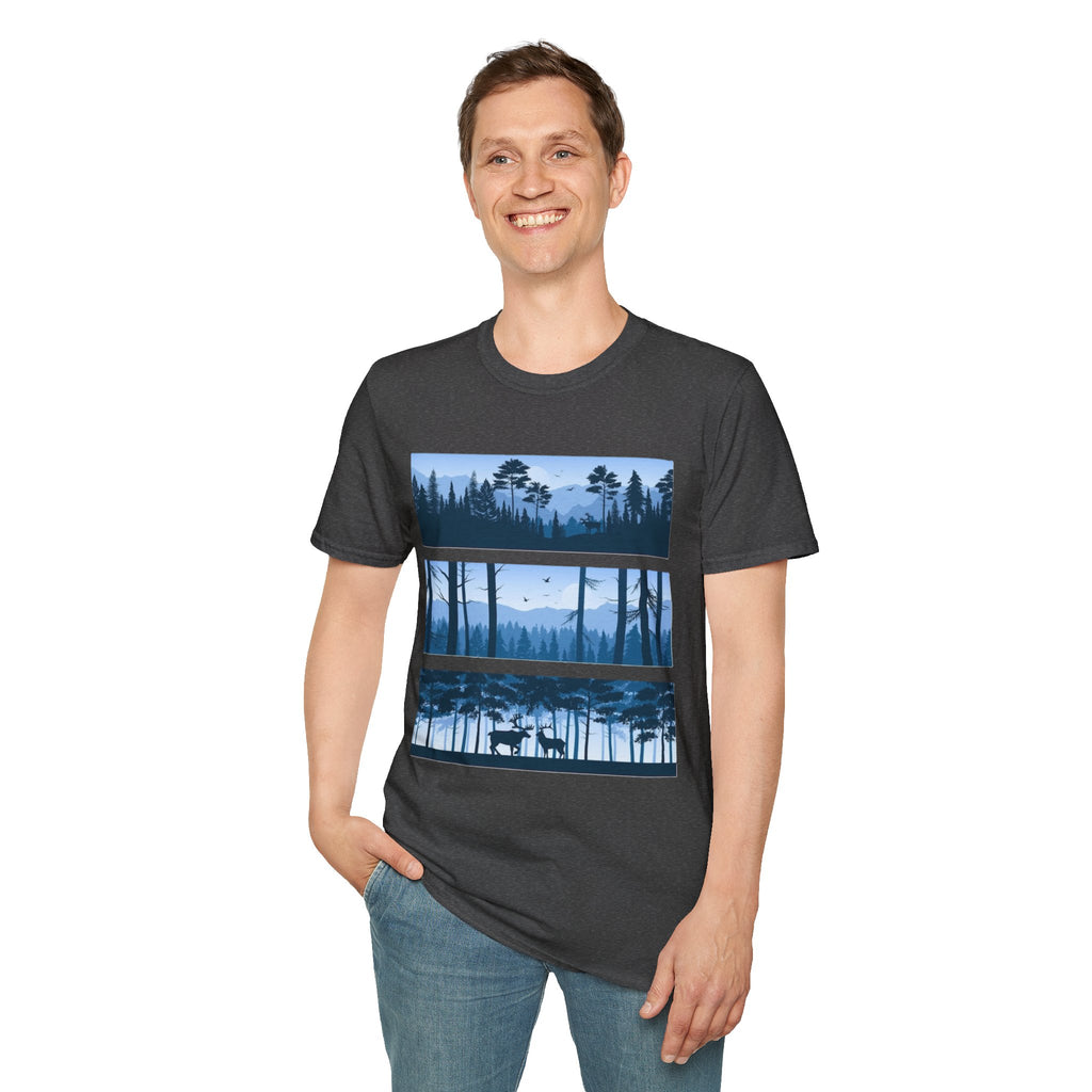 Mountain Landscape Unisex Softstyle T-Shirt | Nature Lover Gift, Outdoor Adventure Tee, Relaxed Fit, Casual Wear, Camping Shirt
