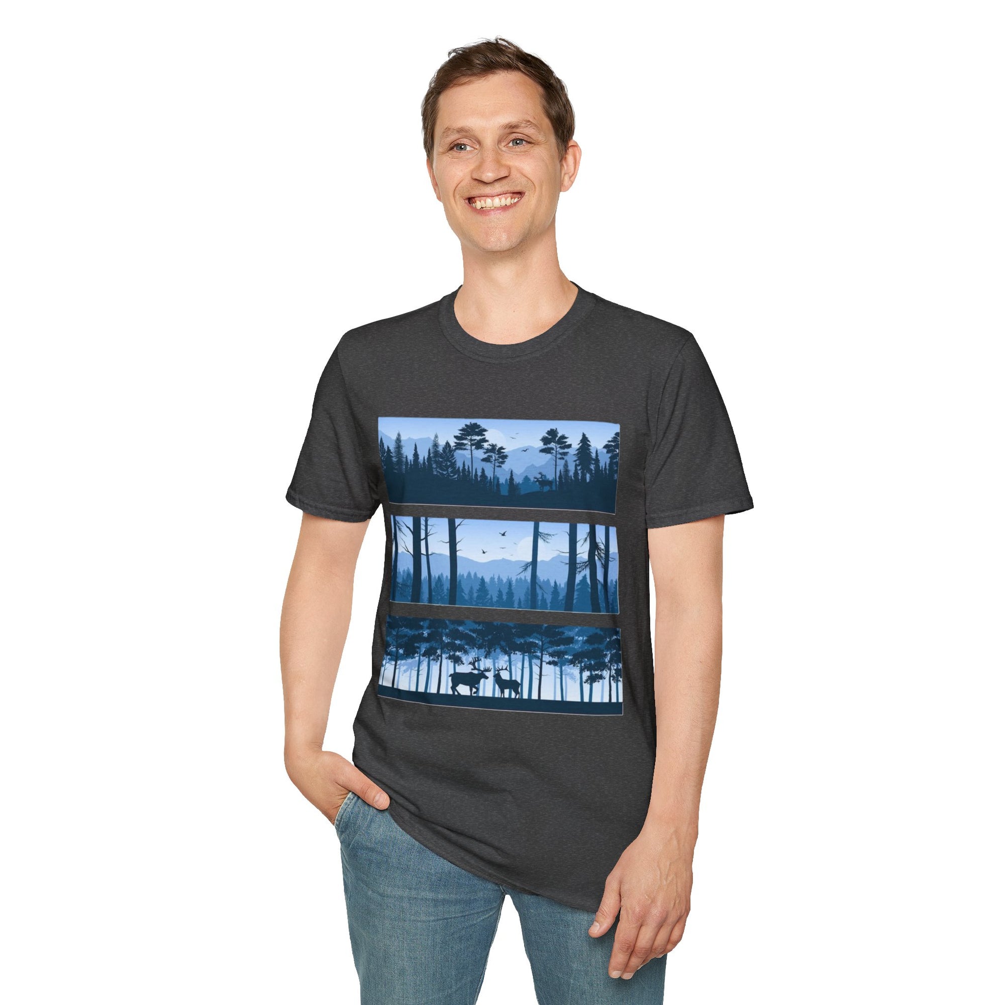 Mountain Landscape Unisex Softstyle T-Shirt | Nature Lover Gift, Outdoor Adventure Tee, Relaxed Fit, Casual Wear, Camping Shirt