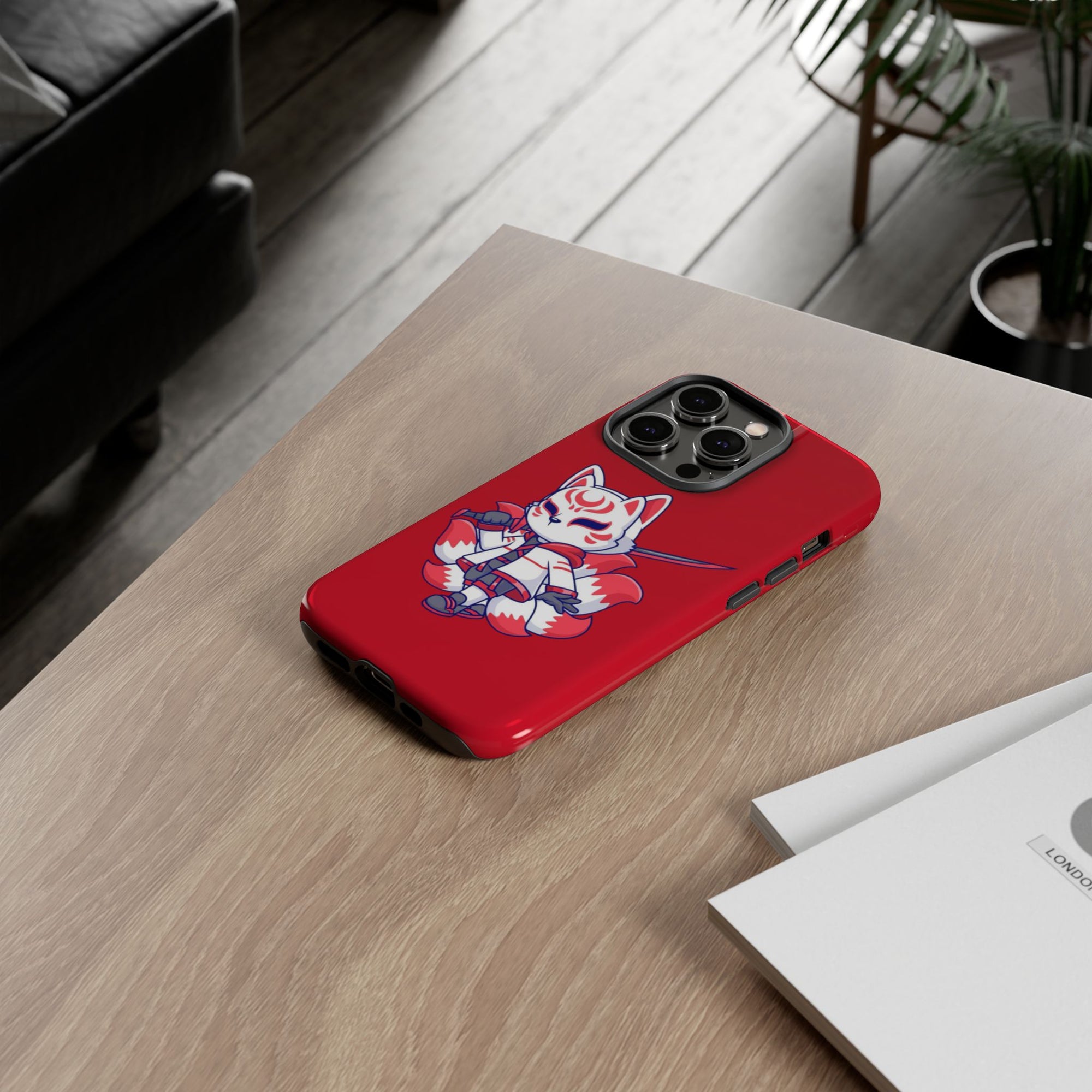 Anime-Inspired Tough Phone Case, Kawaii Fox Design, Gift for Gamers, Cute Phone Accessories, Red Phone Cover, Cosplay Merchandise