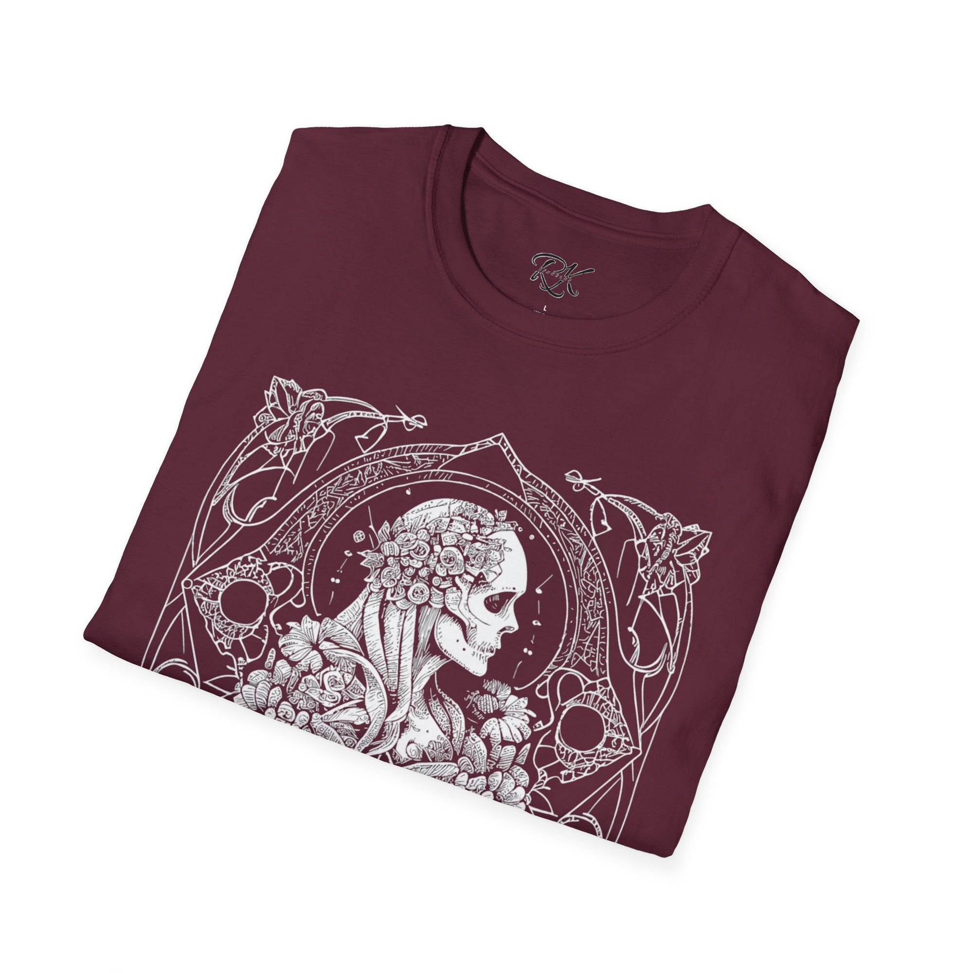 Gothic Floral Skull T-Shirt, Unisex Softstyle Tee, Halloween Apparel, Gothic Fashion, Unique Gift, Casual Wear