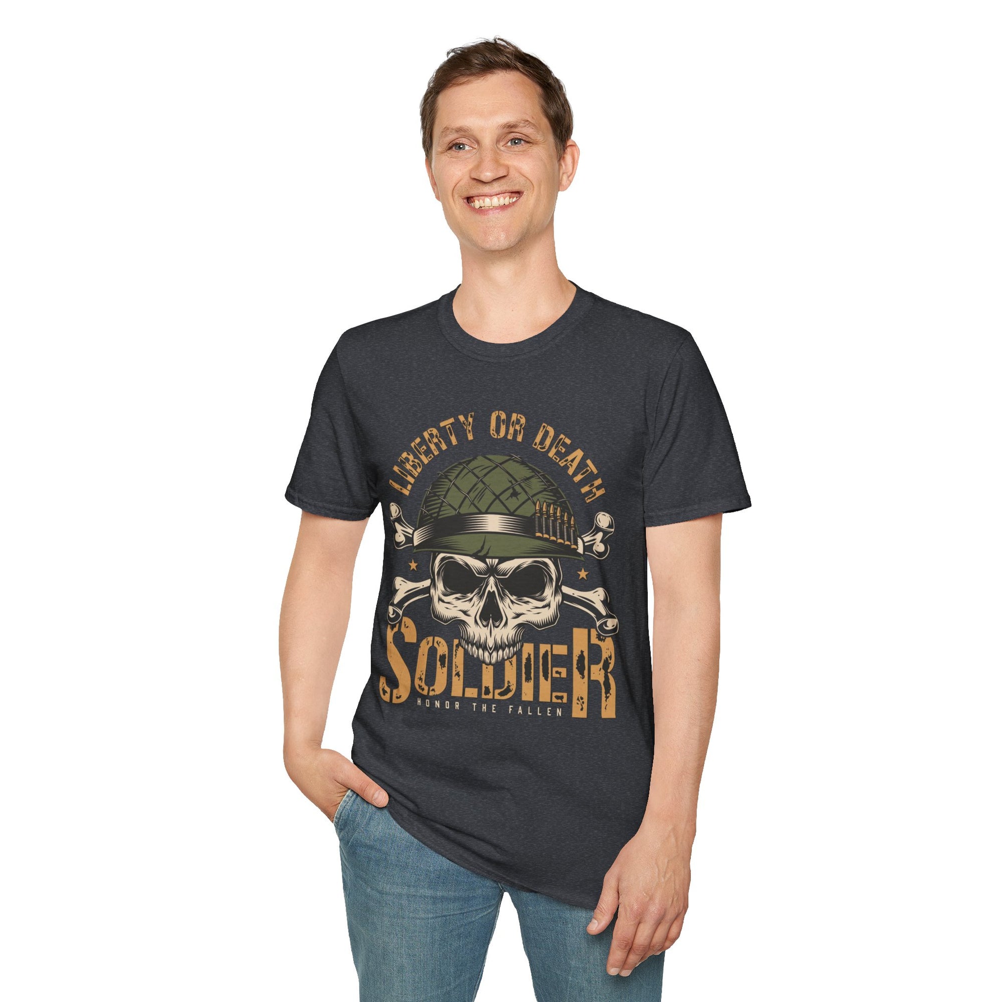 Liberty or Death Skull Soldier T-Shirt, Military Apparel, Unisex Graphic Tee, Veteran Gift, Casual Wear, Outdoor Adventure