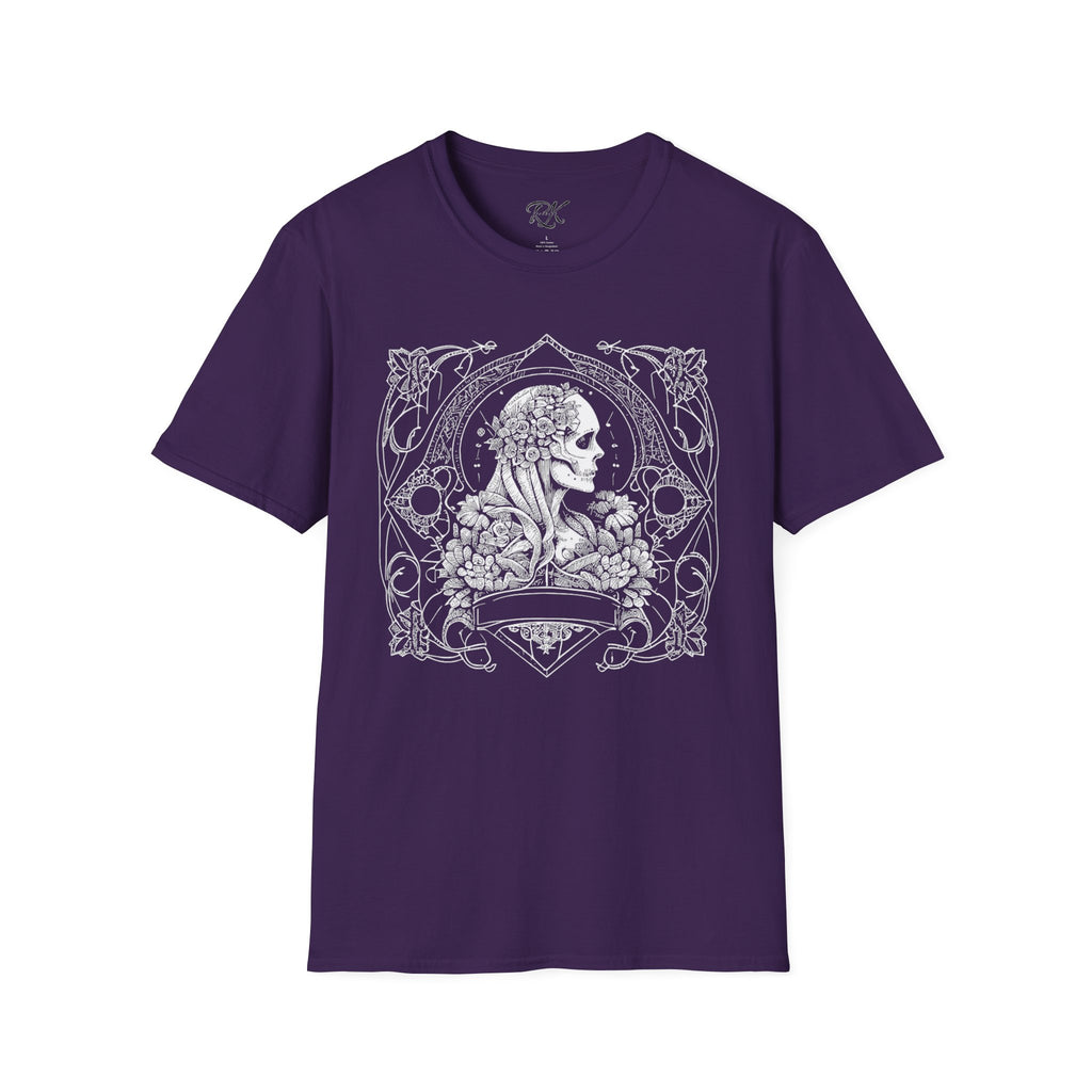 Gothic Floral Skull T-Shirt, Unisex Softstyle Tee, Halloween Apparel, Gothic Fashion, Unique Gift, Casual Wear