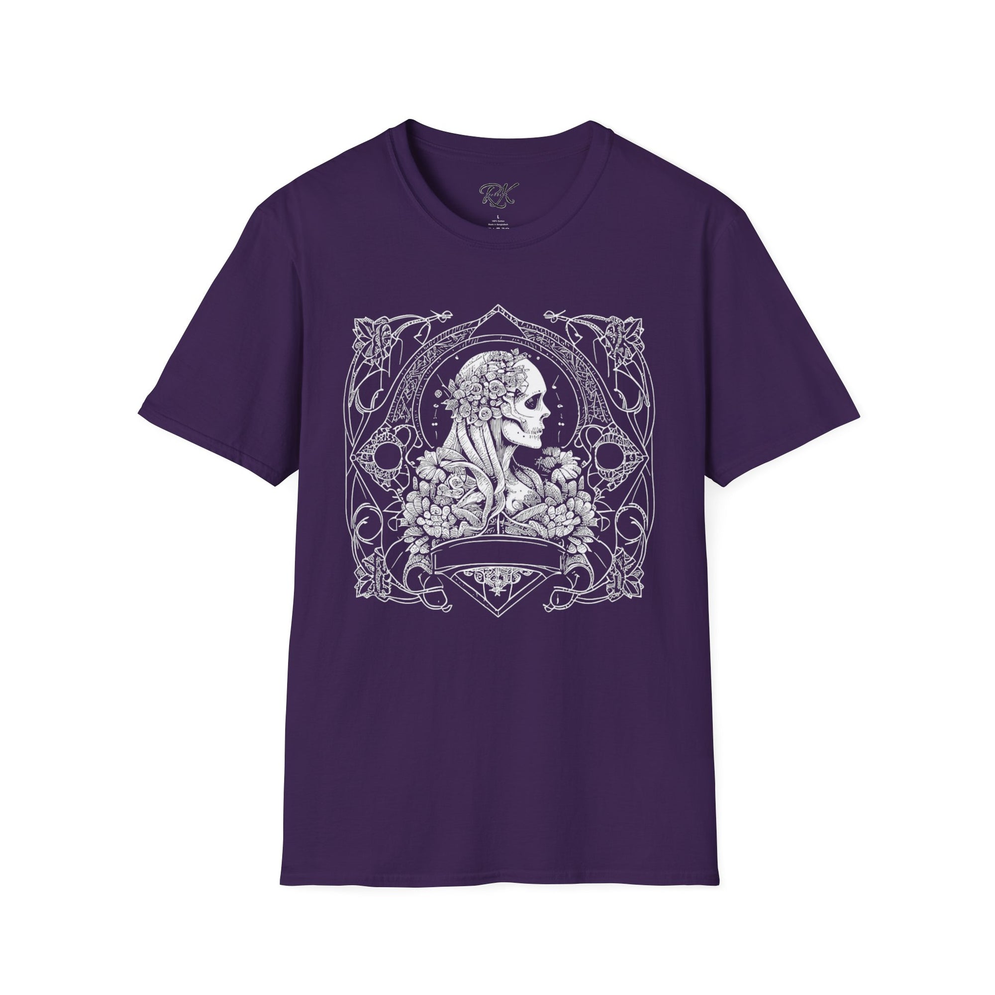 Gothic Floral Skull T-Shirt, Unisex Softstyle Tee, Halloween Apparel, Gothic Fashion, Unique Gift, Casual Wear
