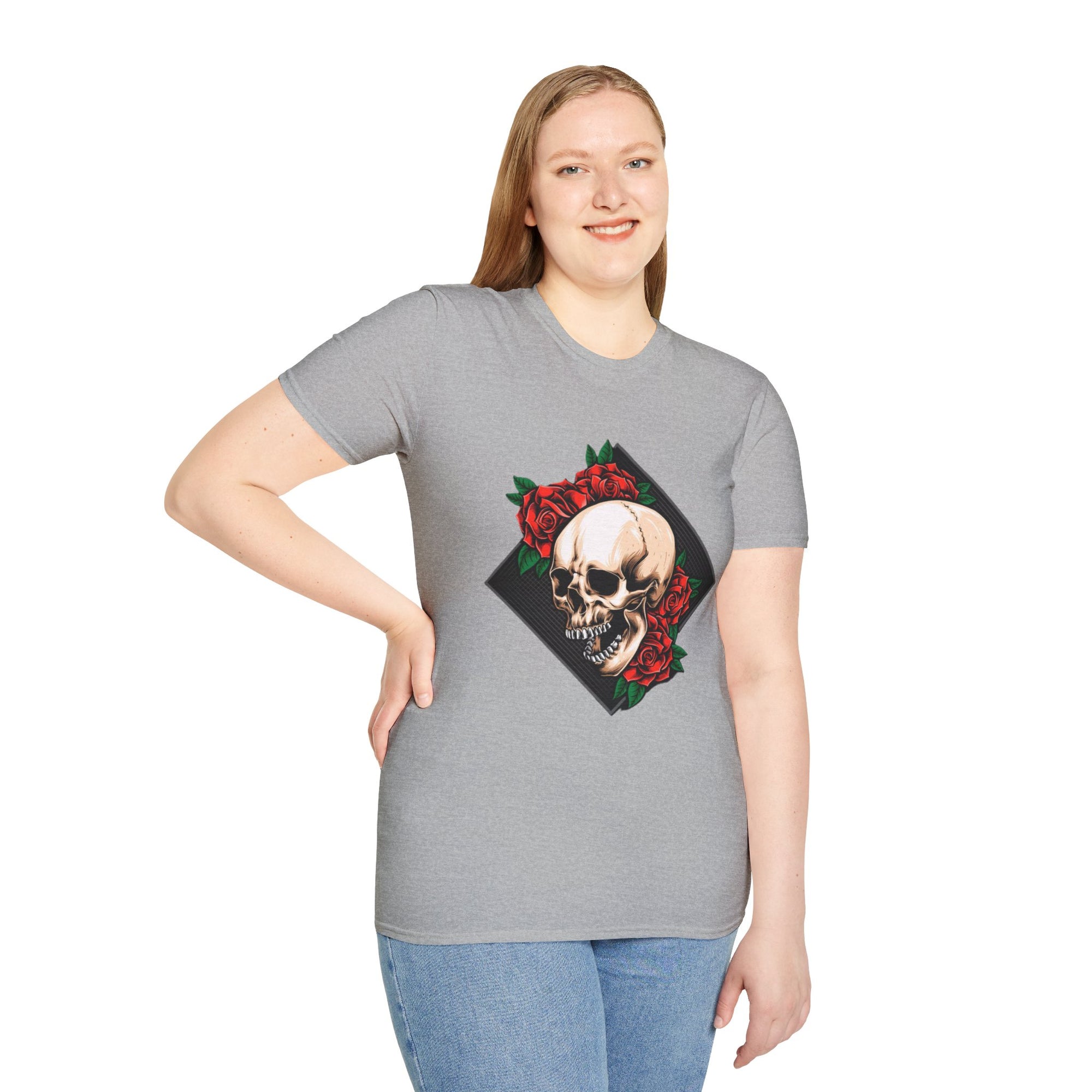 Skull and Roses T-Shirt | Edgy Unisex Softstyle Tee for Music Lovers, Halloween, Casual Wear, Gift Idea, Streetwear