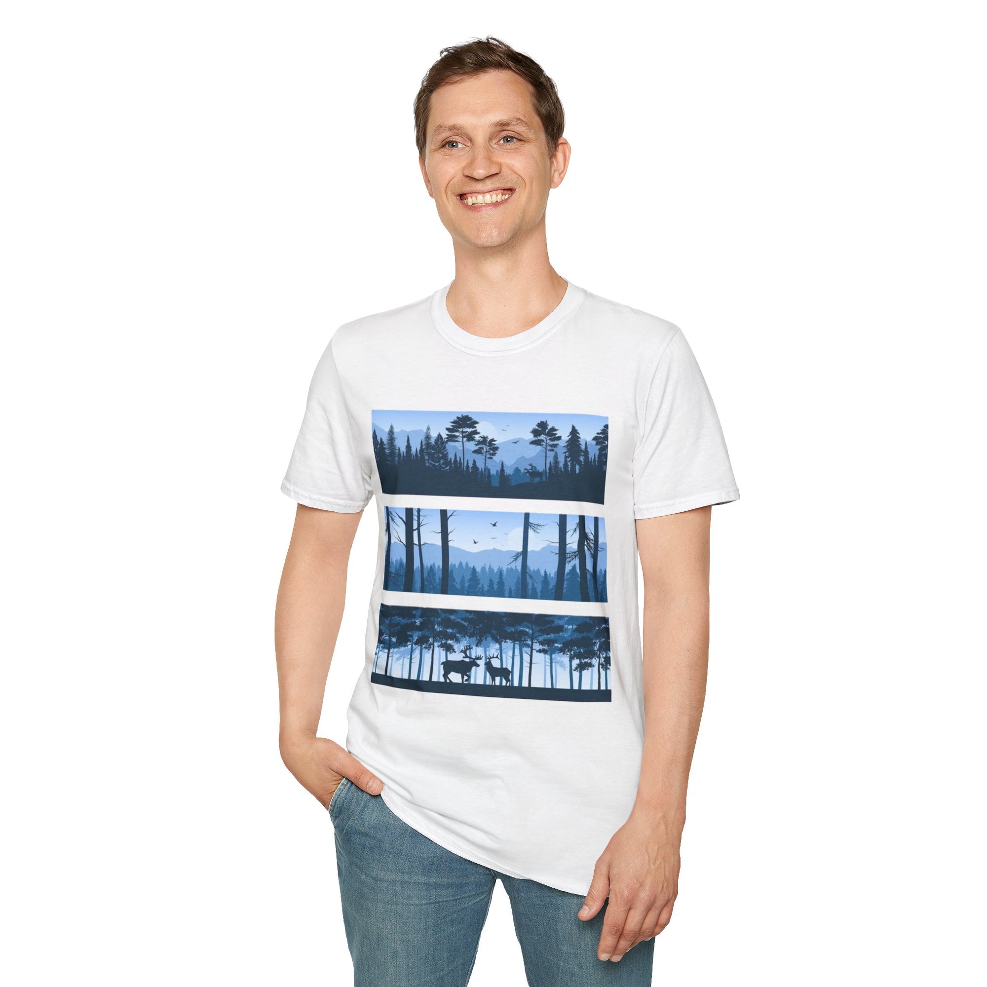 Mountain Landscape Unisex Softstyle T-Shirt | Nature Lover Gift, Outdoor Adventure Tee, Relaxed Fit, Casual Wear, Camping Shirt