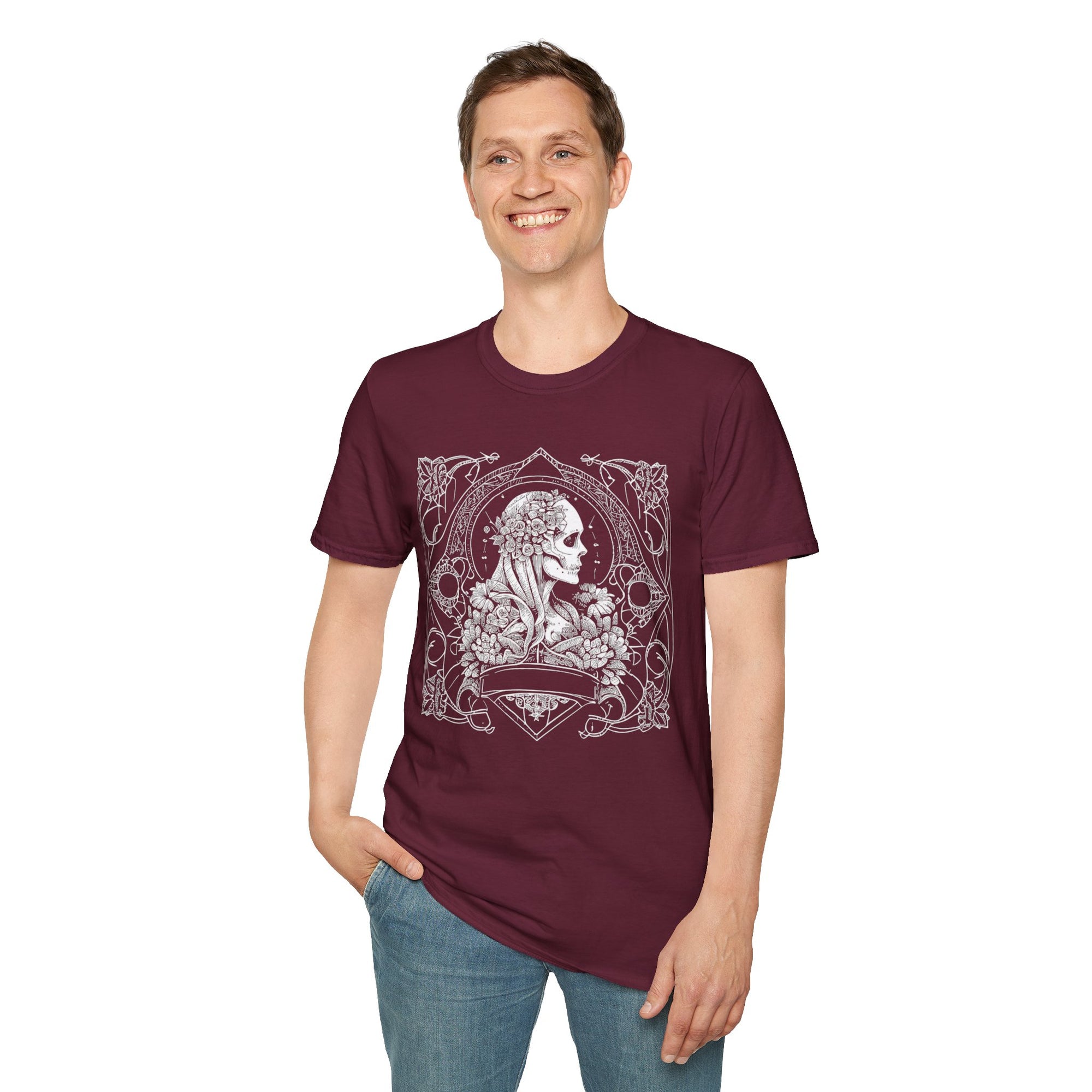 Gothic Floral Skull T-Shirt, Unisex Softstyle Tee, Halloween Apparel, Gothic Fashion, Unique Gift, Casual Wear